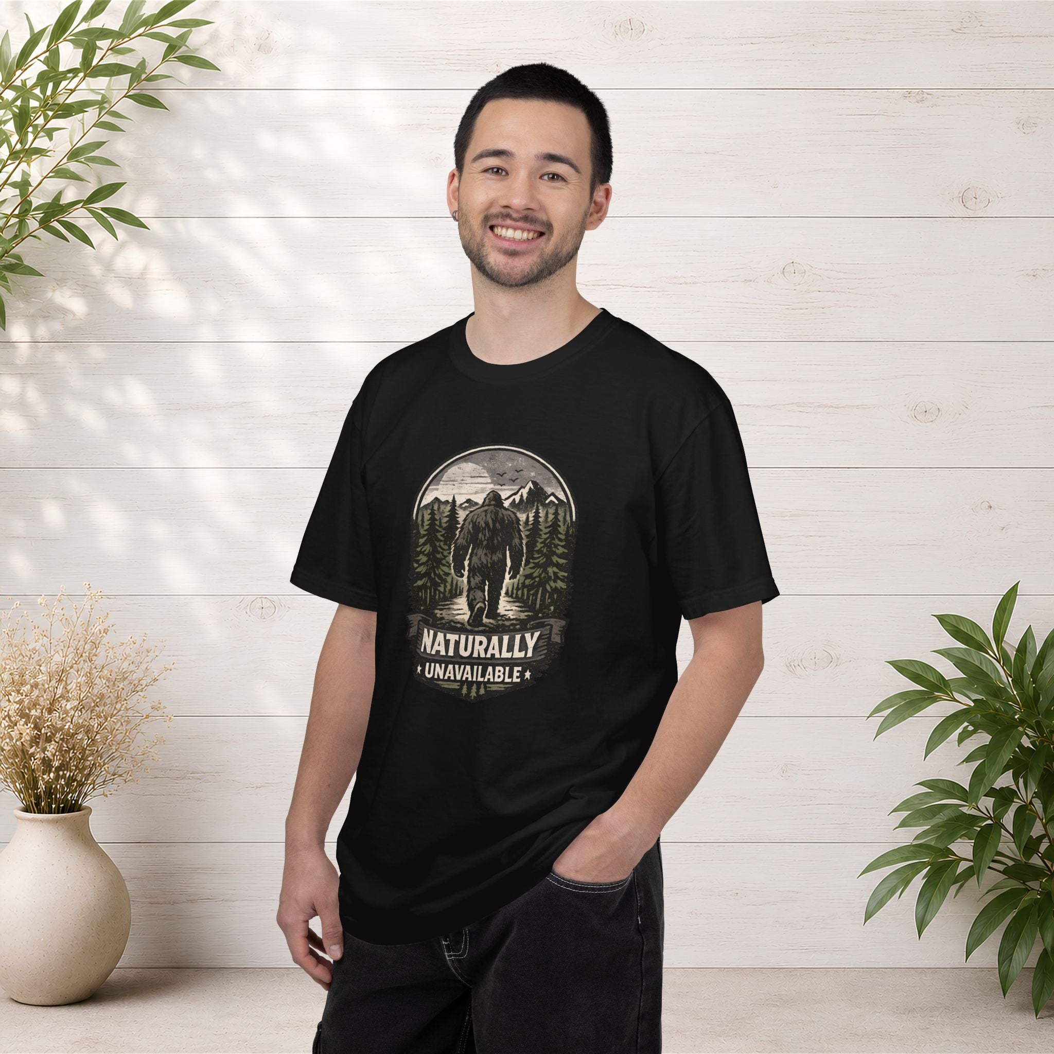 Bigfoot 'Naturally Unavailable' T-Shirt — Bigfoot Walking Into Forest Graphic