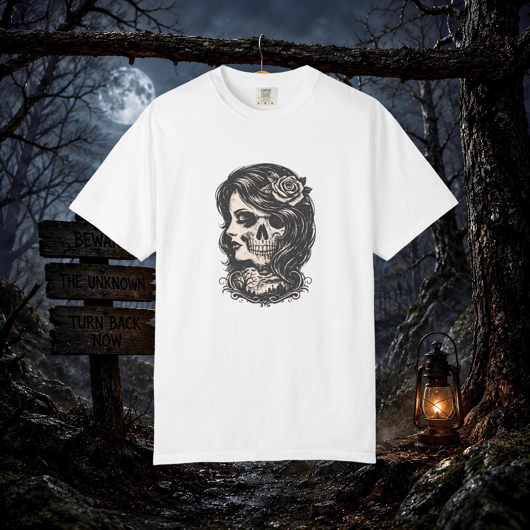 Skull Lady Rose T-Shirt — Vintage Day of the Dead Portrait Tee