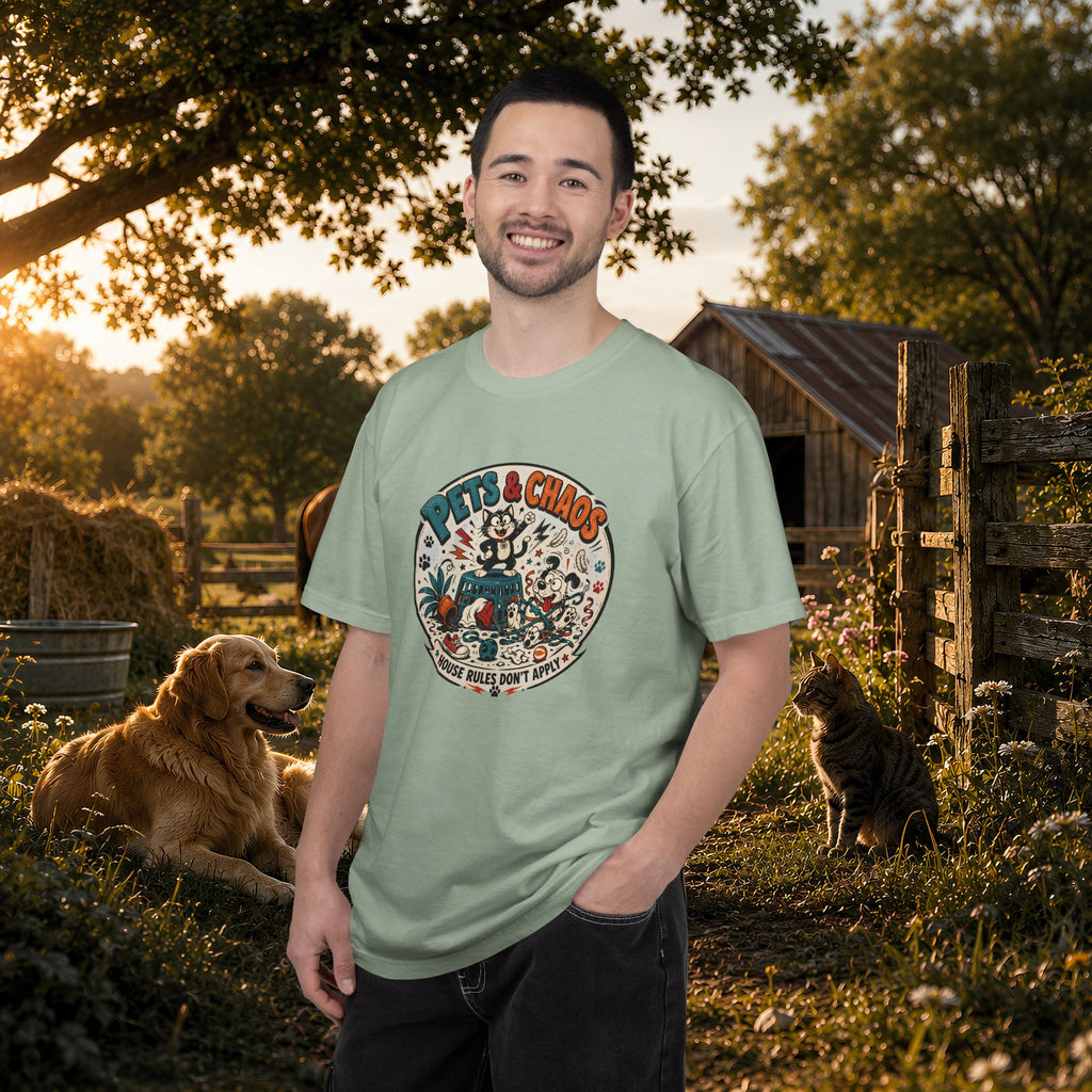 Pets & Chaos Graphic T-Shirt — "House Rules Don't Apply" Vintage Pet Lover Tee
