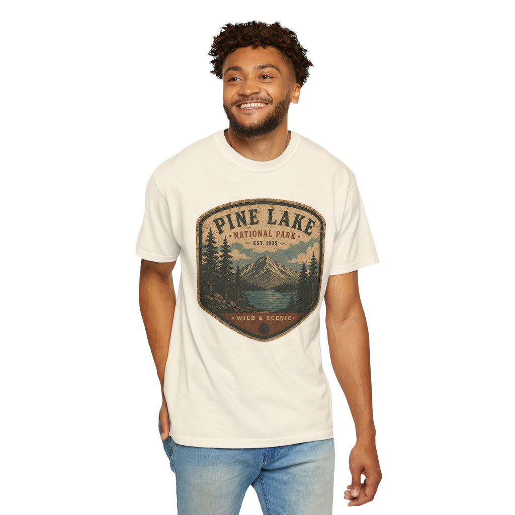Pine Lake National Park Badge T-Shirt | Mountain Lake Forest Graphic