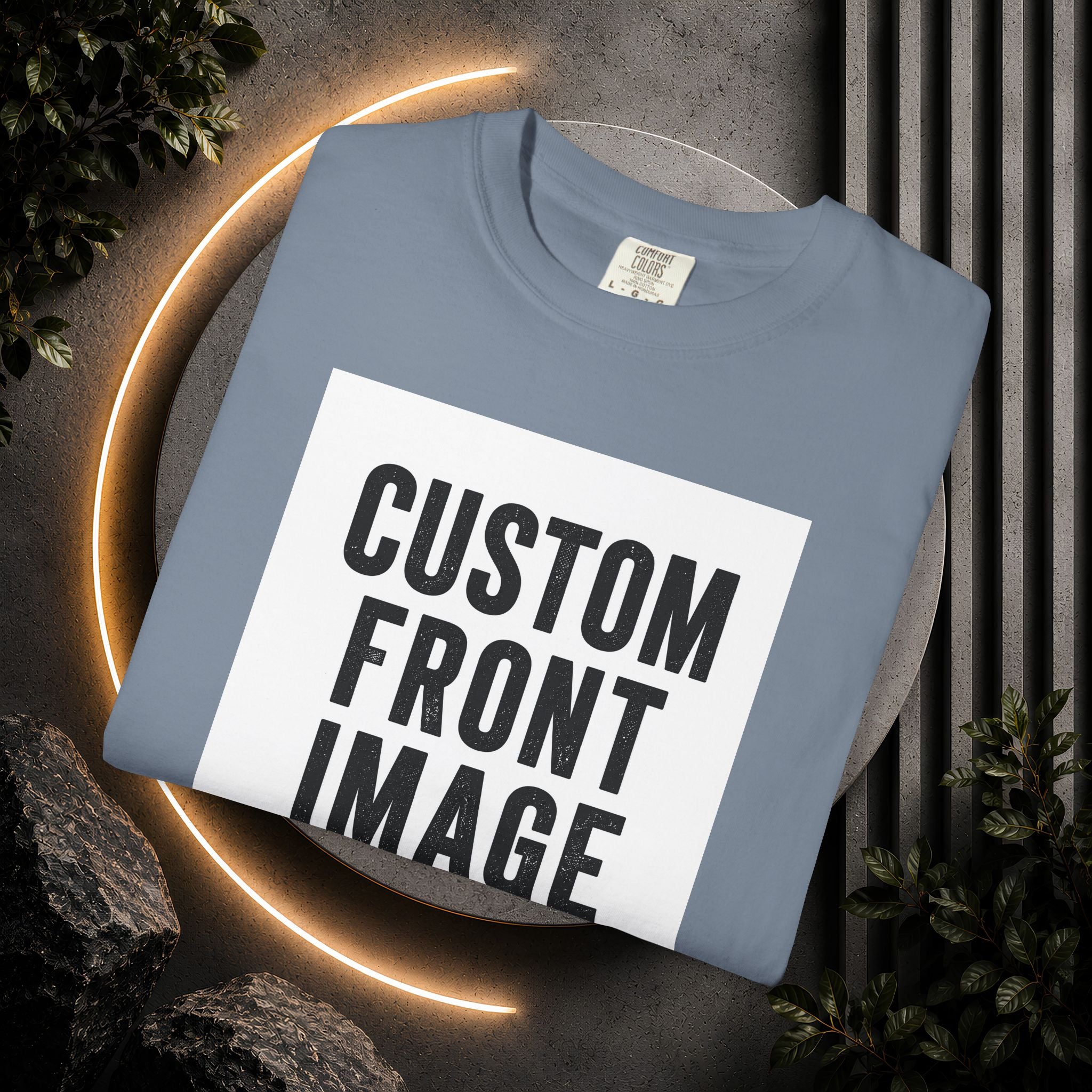 Custom Front Square Print T-Shirt — Personalized Text Bottom & Image Tee
