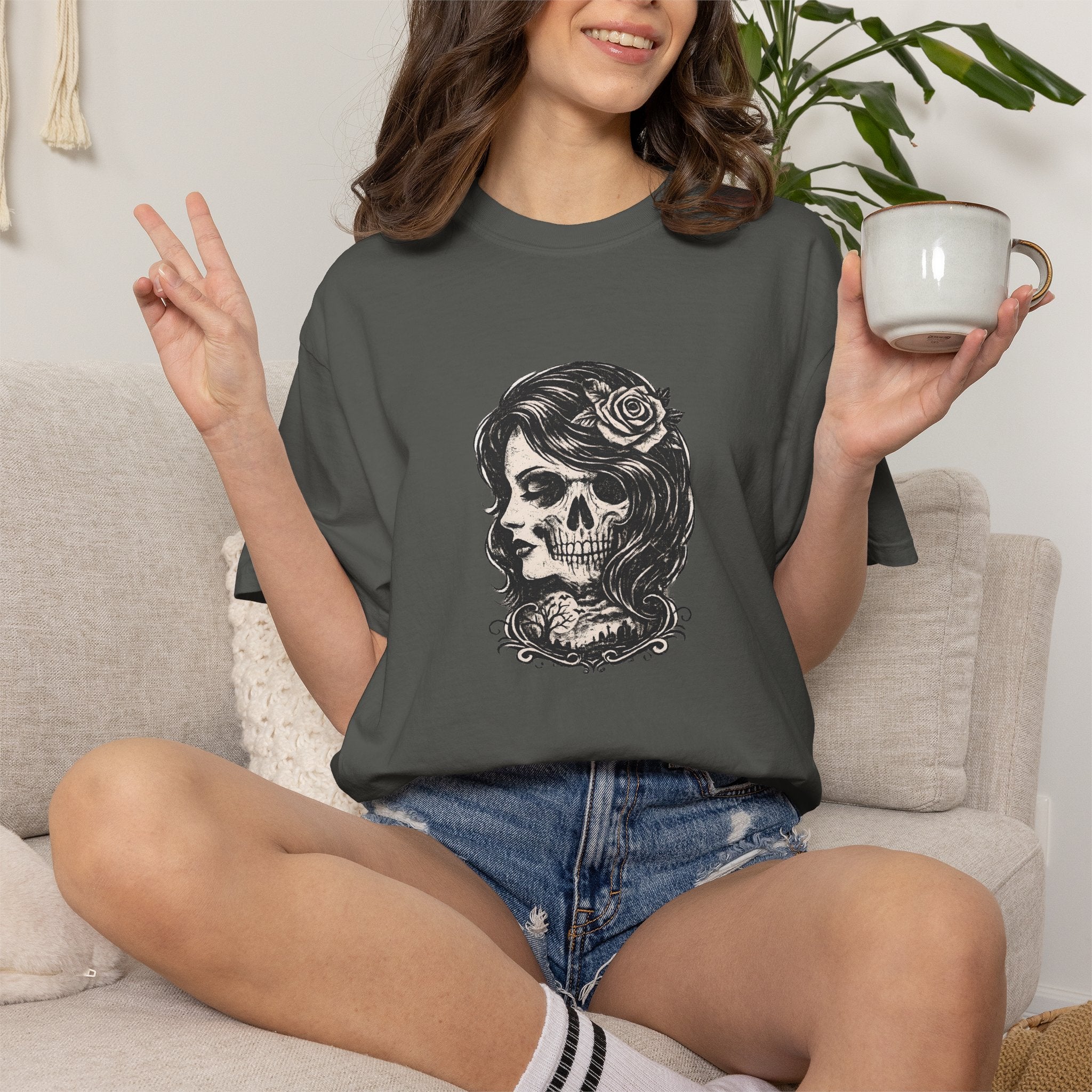 Skull Lady Rose T-Shirt — Vintage Day of the Dead Portrait Tee