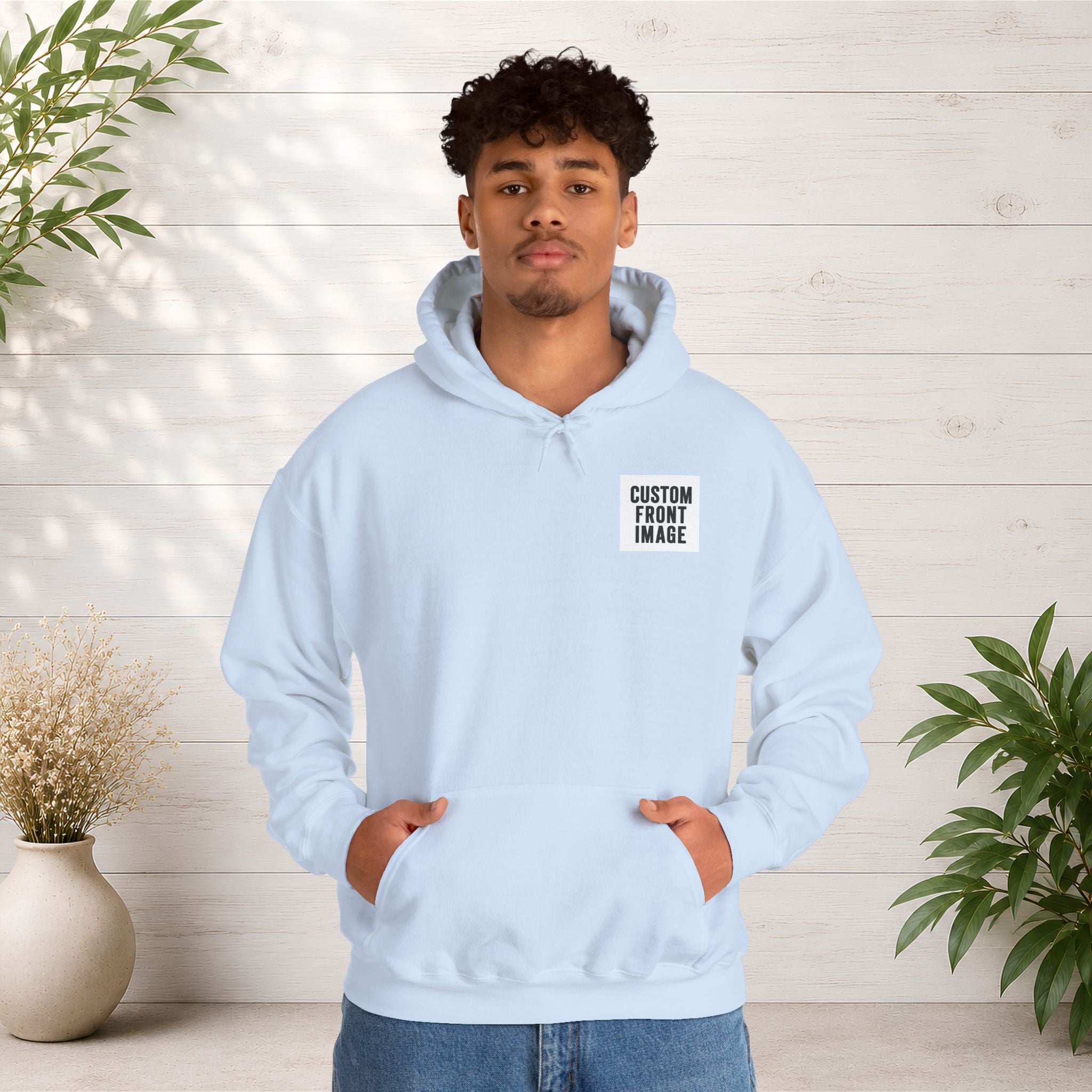 Custom Front Small Left Image Hoodie — Personalized White Pullover Hooded Sweatshirt