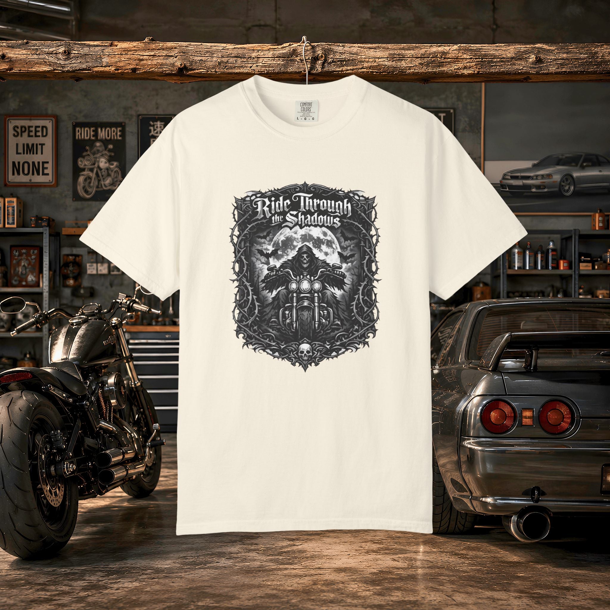 Ride Through Shadows T-Shirt — Gothic Skull Motorcycle Graphic Tee