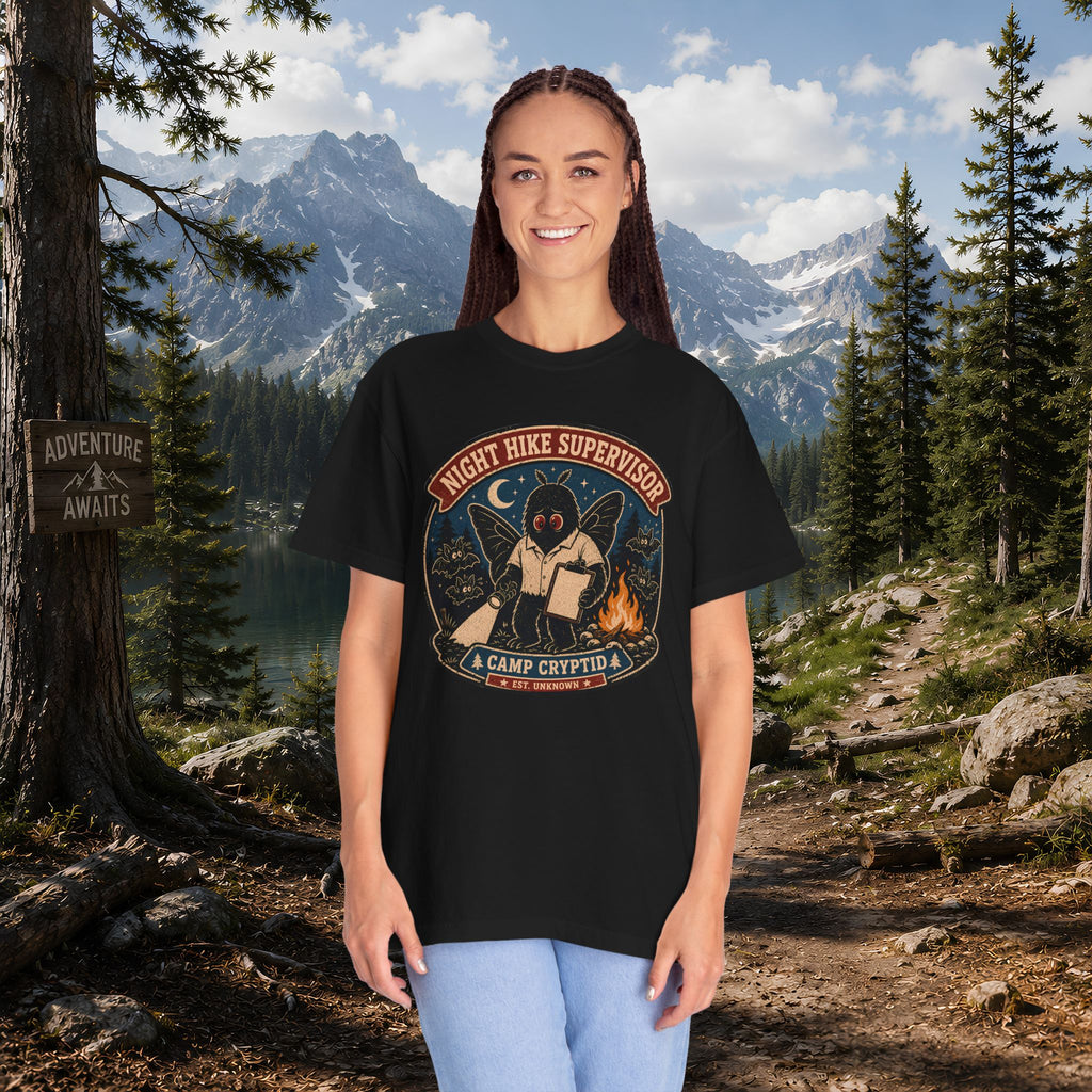 Night Hike Supervisor Mothman T‑Shirt — Camp Cryptid Retro Outdoor Badge
