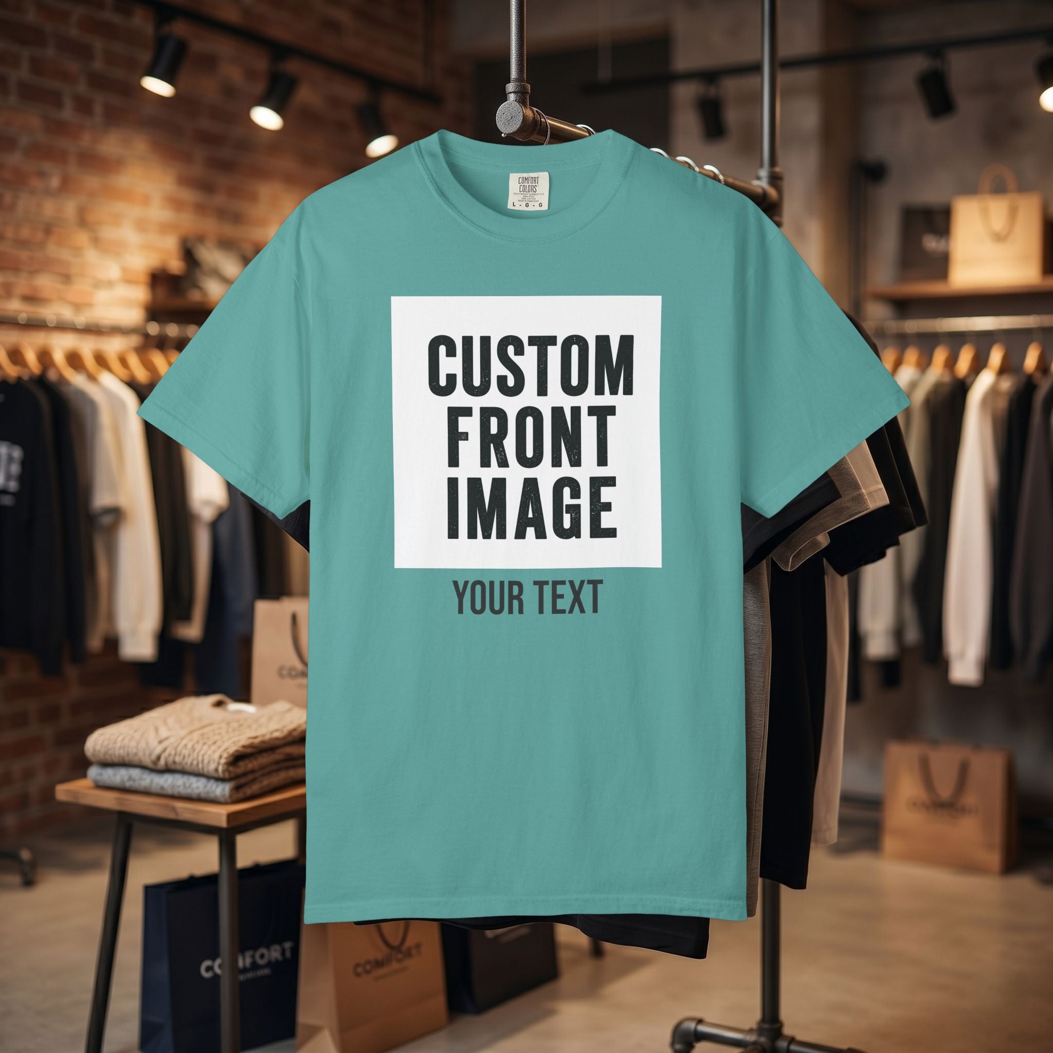 Custom Front Square Print T-Shirt — Personalized Text Bottom & Image Tee