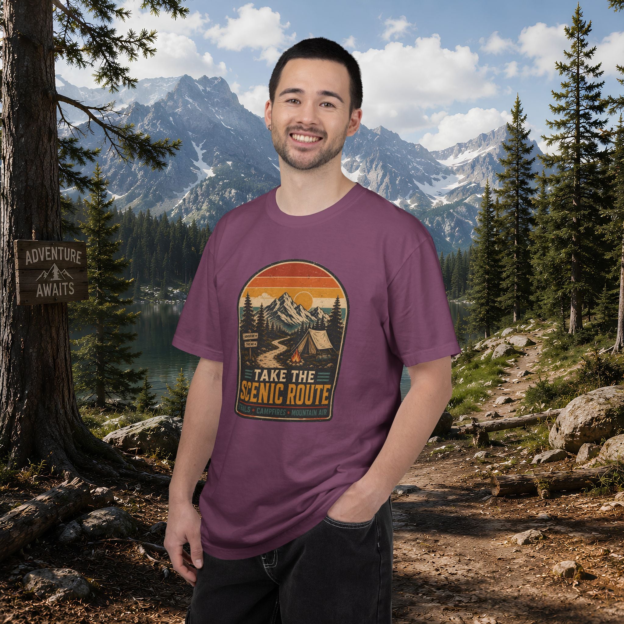 Scenic Route Camping T-Shirt — Retro Mountains & Tent Outdoor Tee