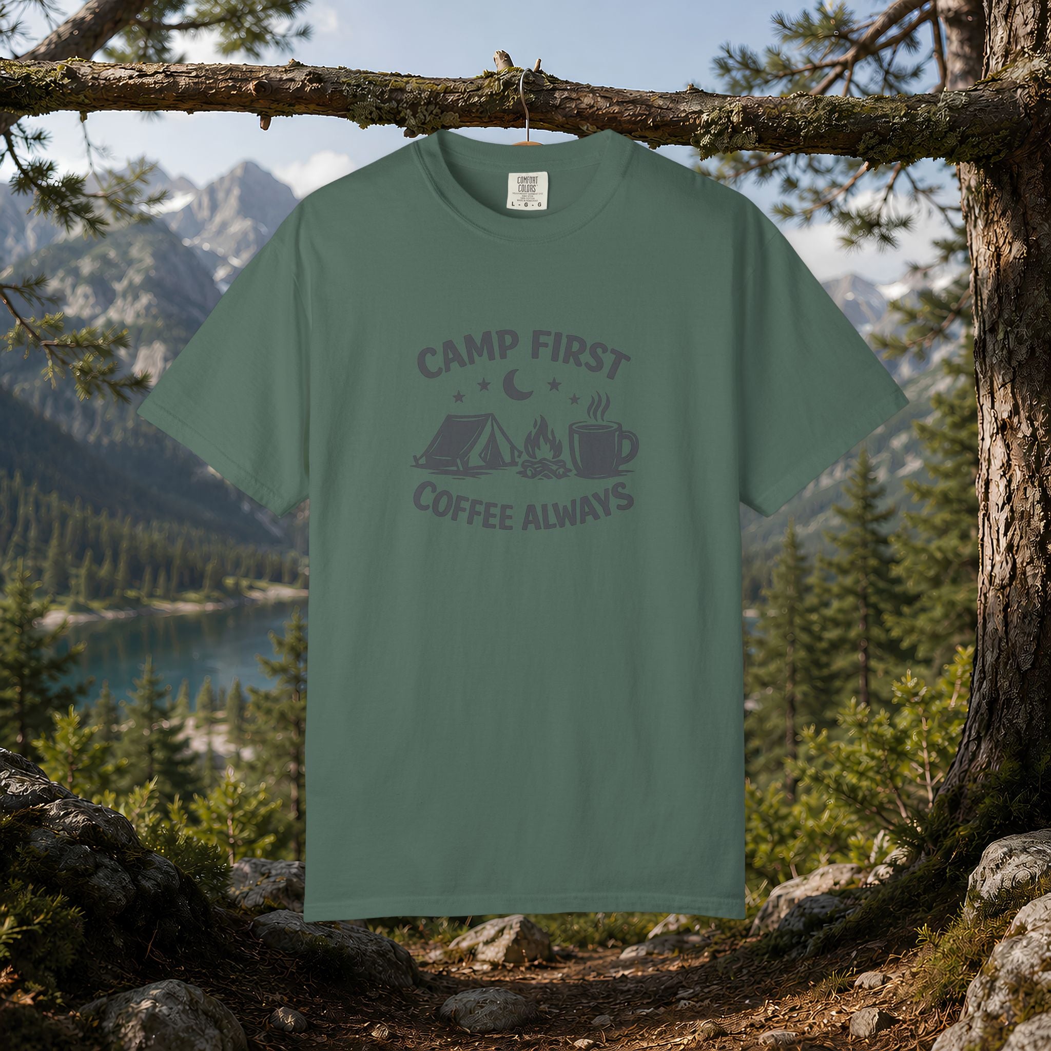 Camping T-Shirt — “Camp First, Coffee Always” Adventure Tee