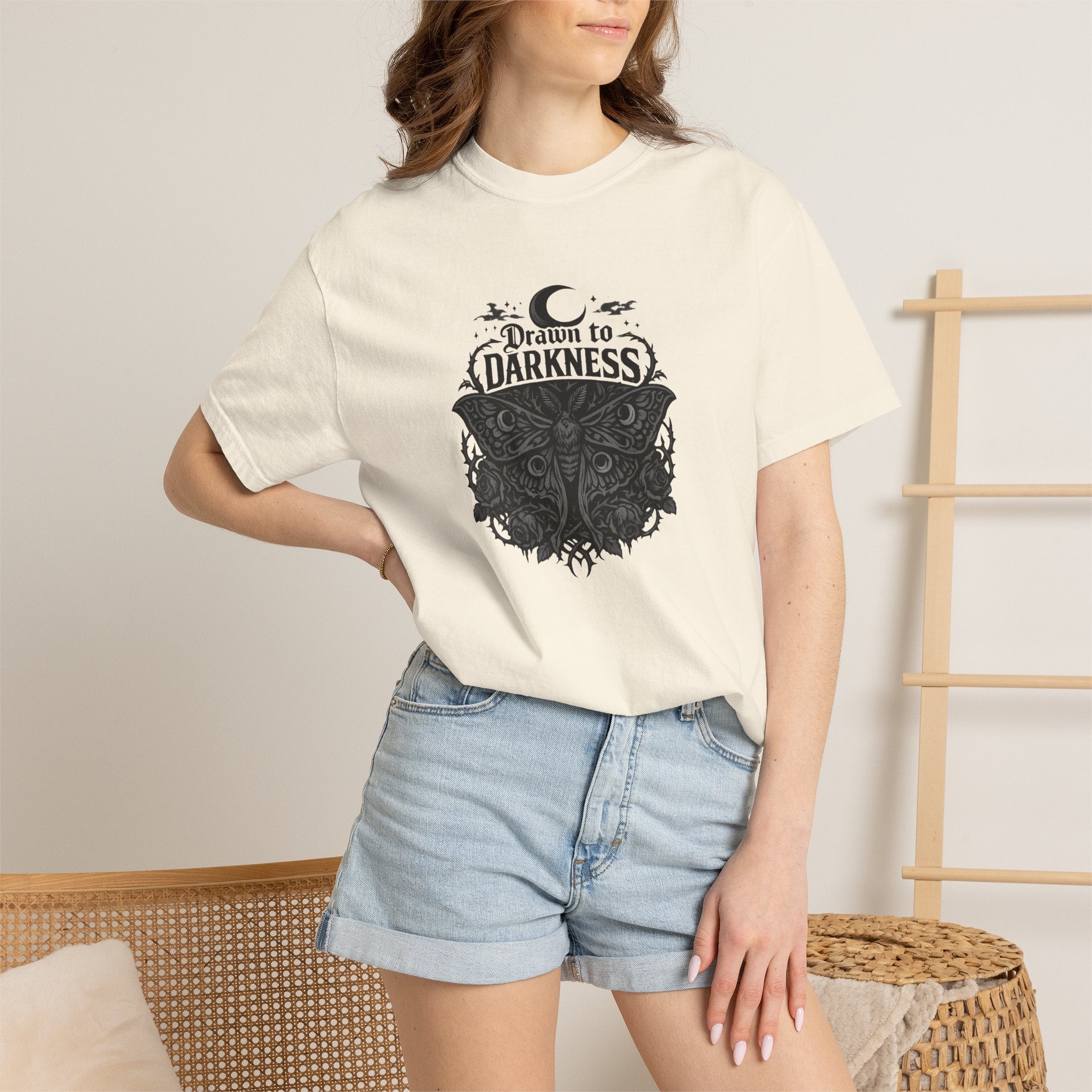 Dark Aesthetic T-Shirt — "Drawn to Darkness" Gothic Moon Graphic Tee