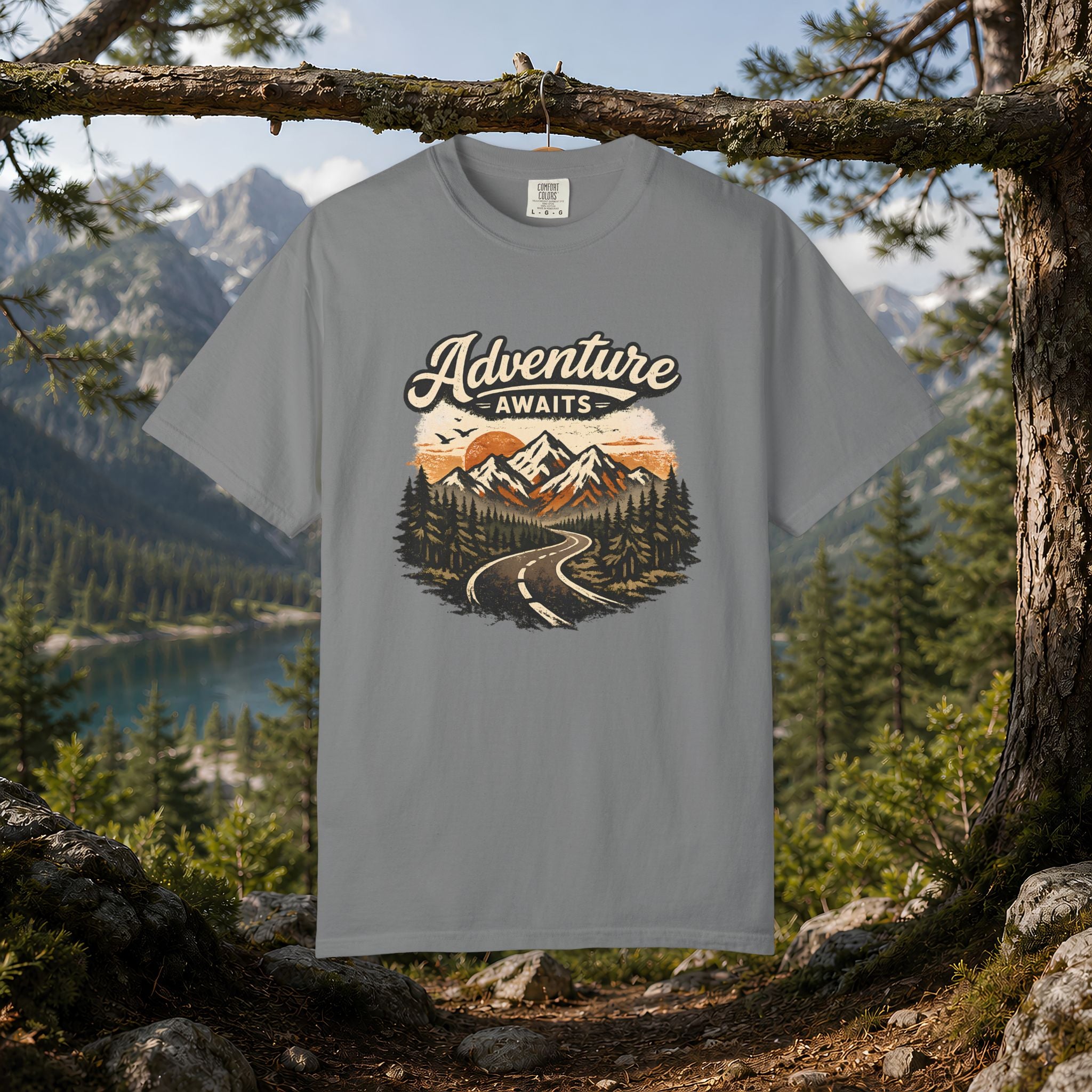 Adventure Awaits T-Shirt — Scenic Mountain Road Graphic Tee