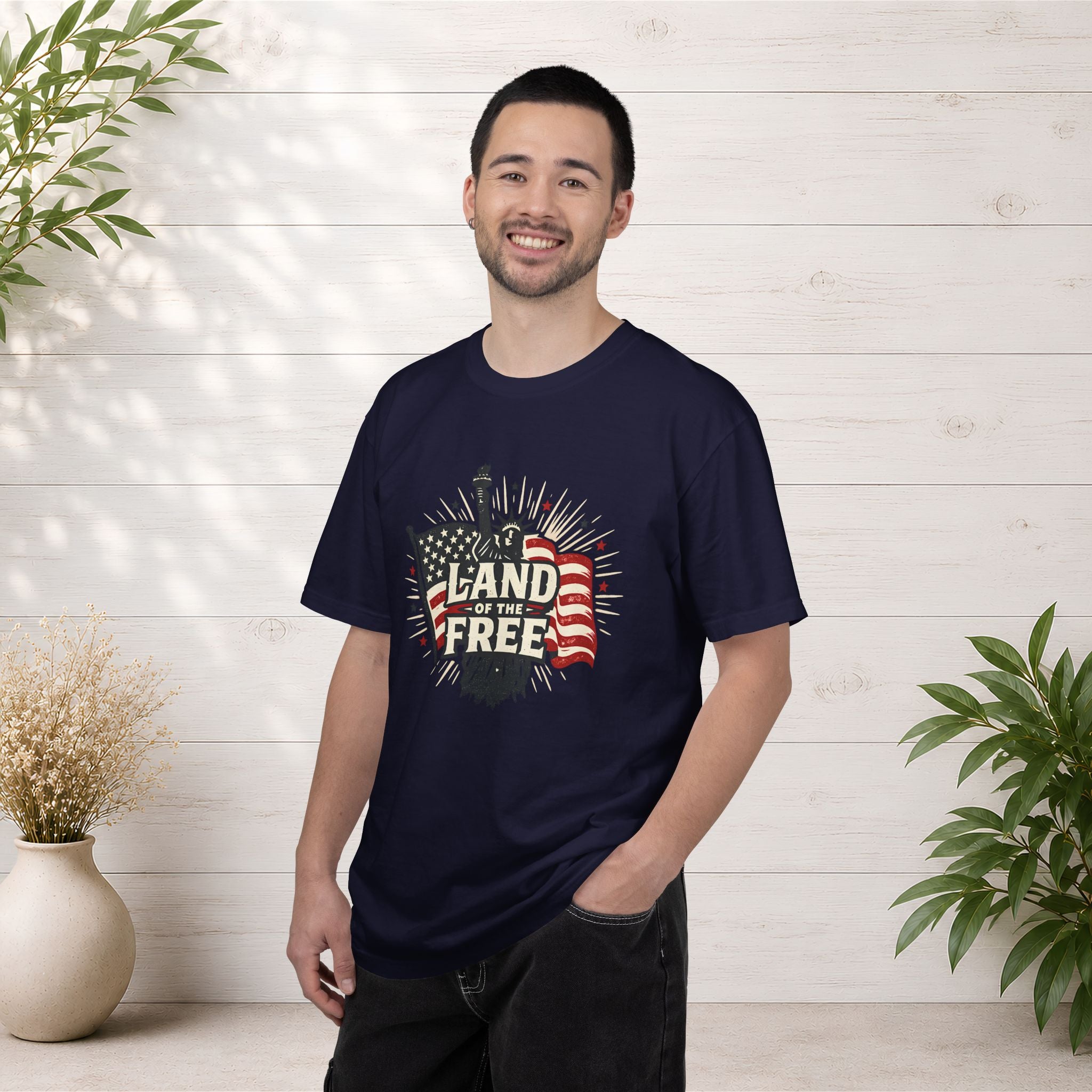 Land of the Free T-Shirt – Patriotic American Flag & Statue of Liberty Graphic