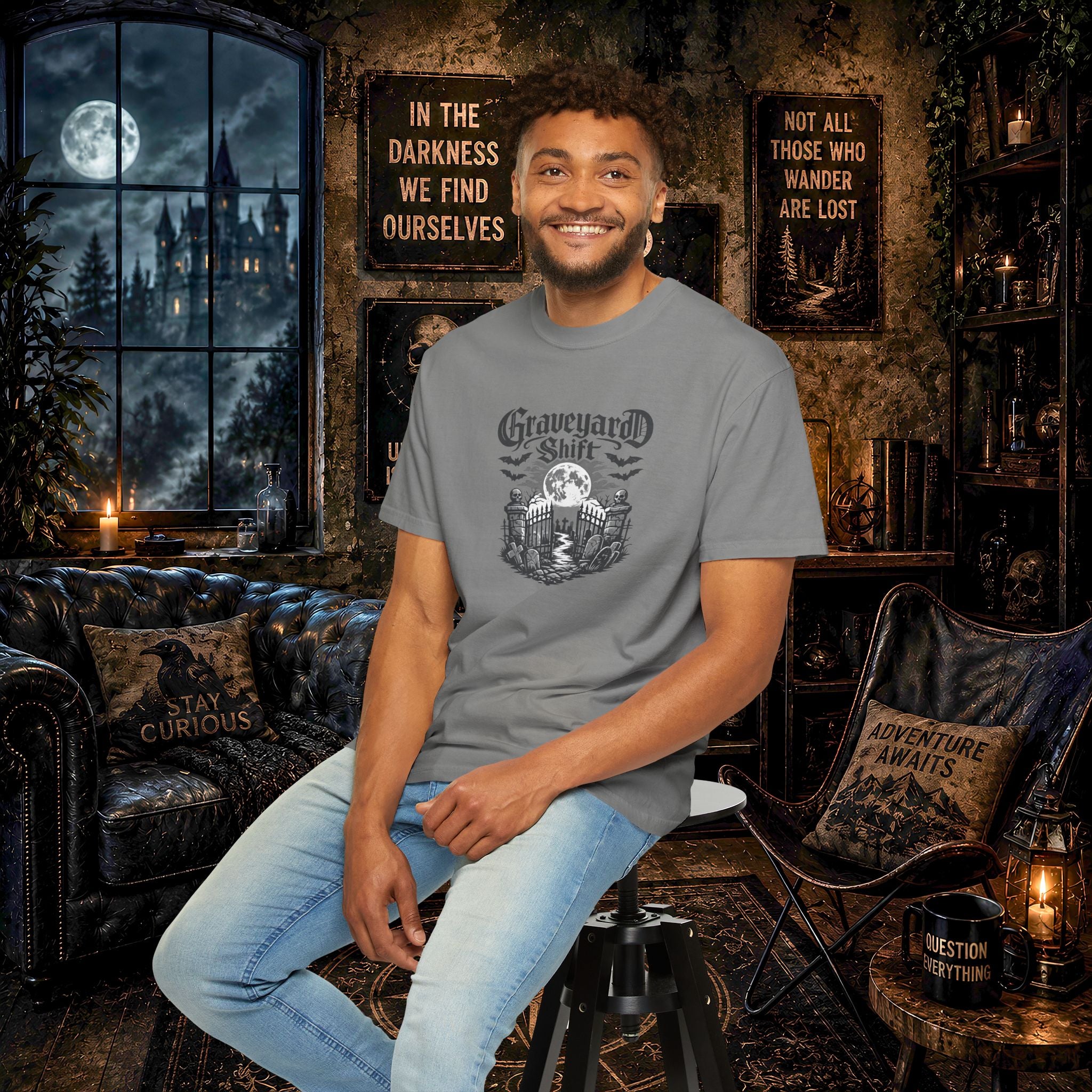 Graveyard Shift T-Shirt — Gothic Cemetery Skull Night Shift Tee