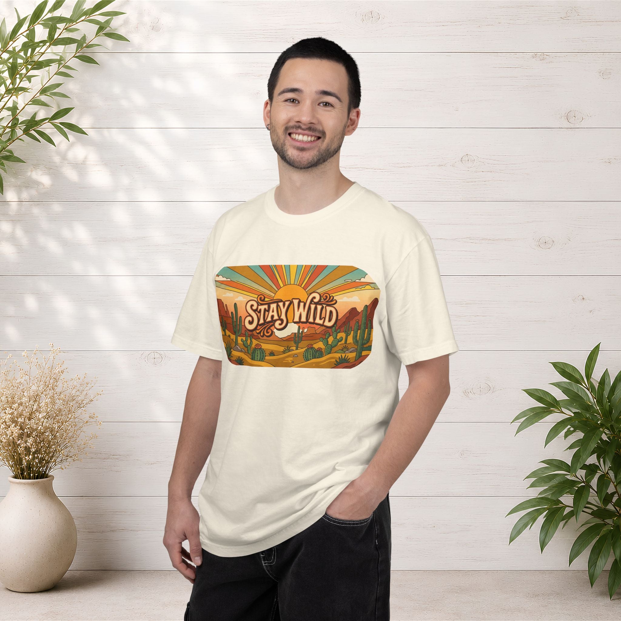 Stay Wild Desert Sunset T-shirt | Retro Cactus Landscape