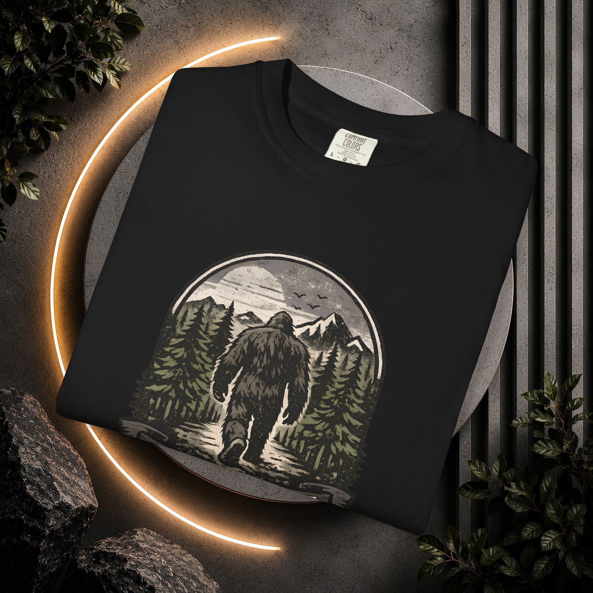 Bigfoot 'Naturally Unavailable' T-Shirt — Bigfoot Walking Into Forest Graphic