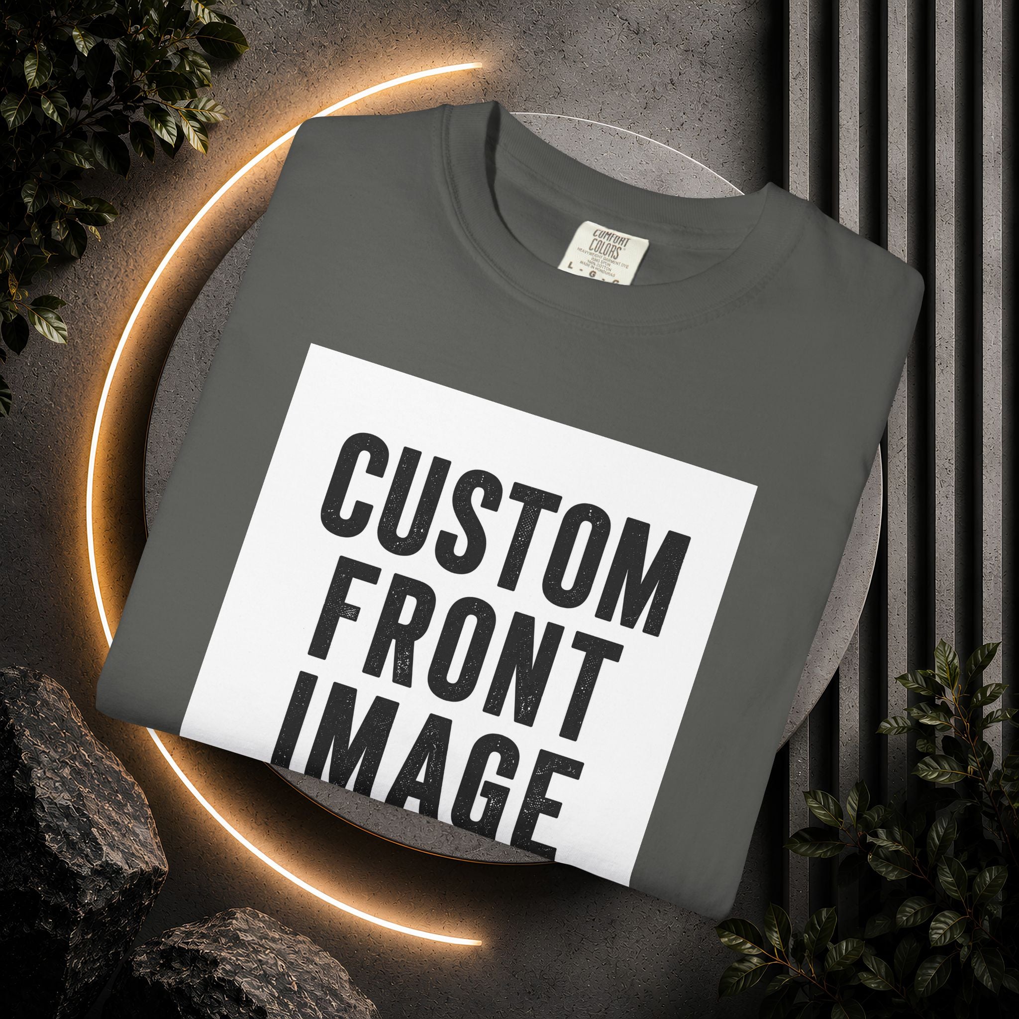 Custom Front Square Print T-Shirt — Personalized Text Bottom & Image Tee