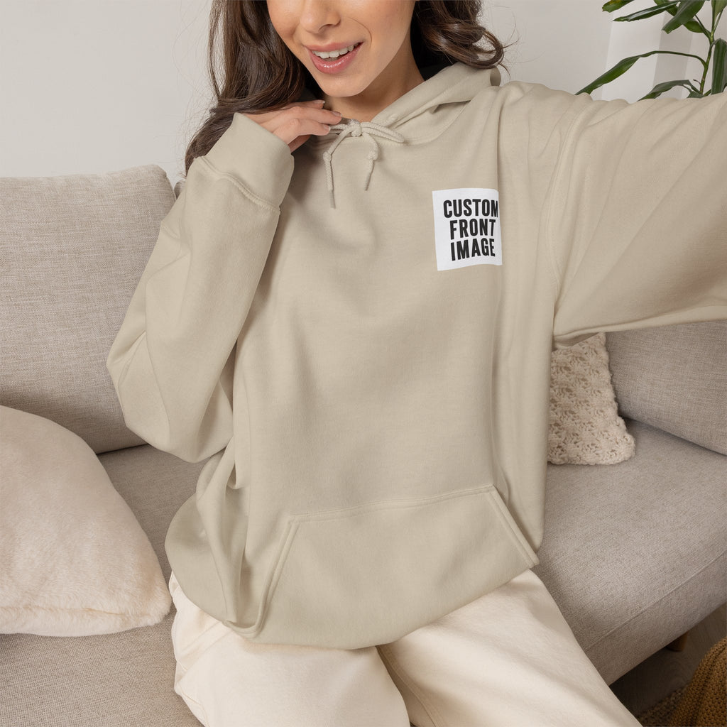Custom Front Small Left and Back Image Hoodie — Personalized White Pullover Hooded Sweatshirt