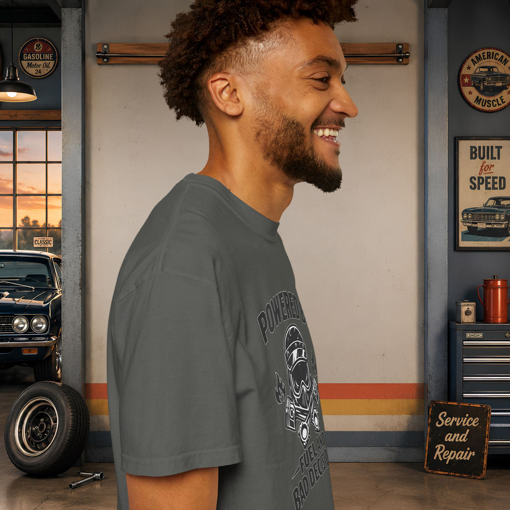 Powered By Fuel And Bad Decisions T-Shirt — Motorcycle Helmet Graphic Tee