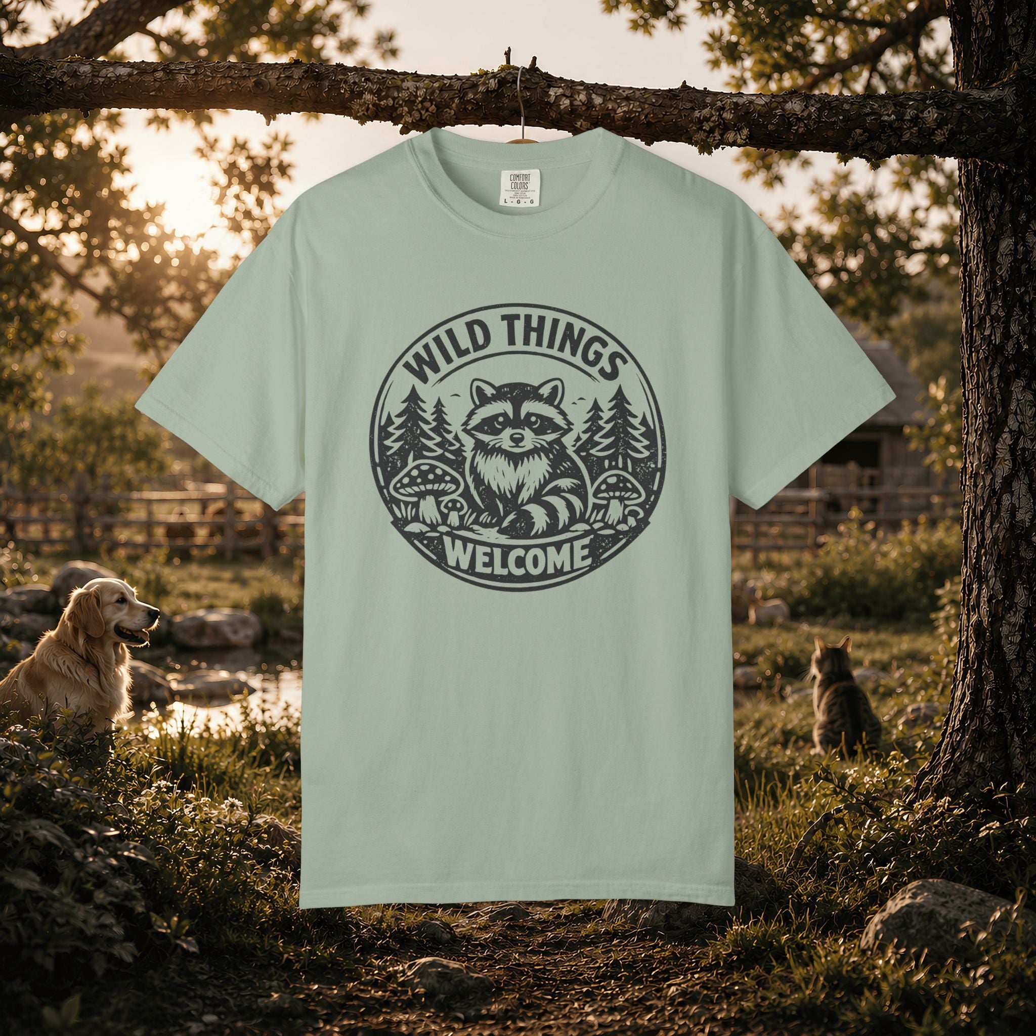 “Wild Things Welcome” Raccoon Forest Graphic T-Shirt