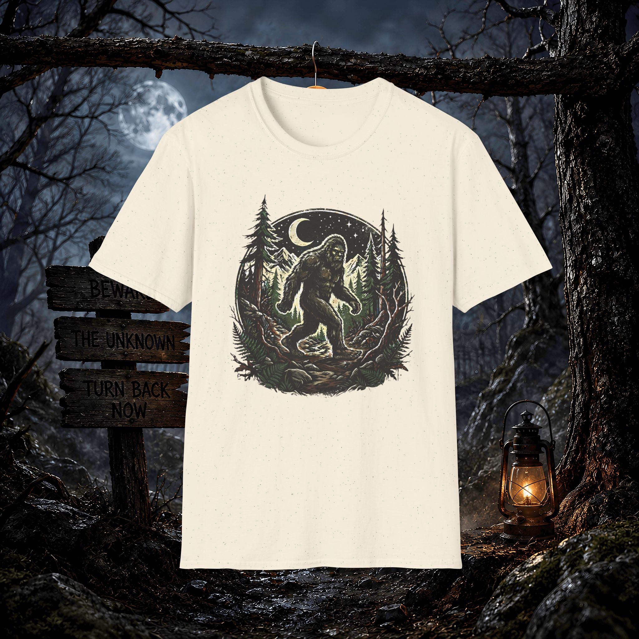 Bigfoot Forest Moon T-Shirt | Sasquatch Night Hiking Design