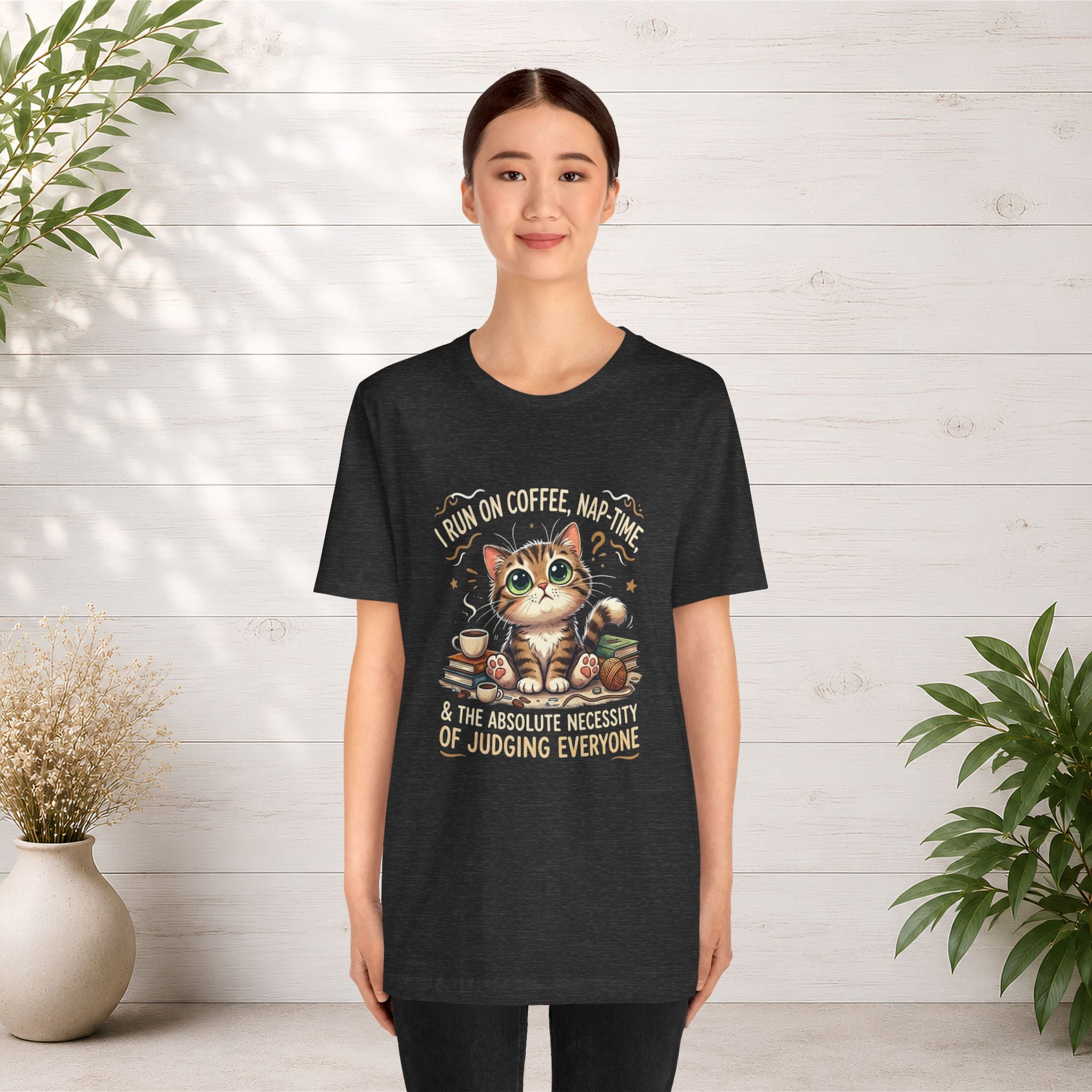 Judging Cat Coffee Books T-Shirt | Cozy Kitty Illustration Tee