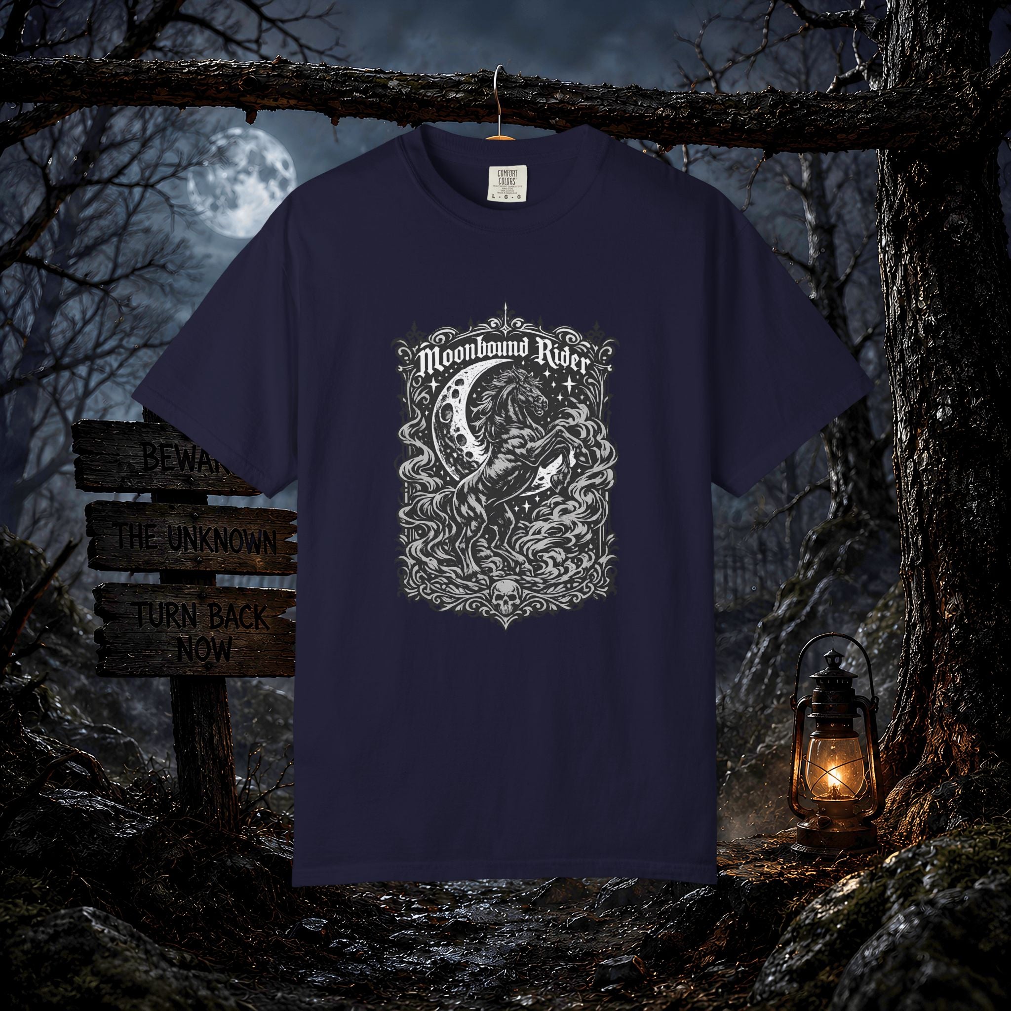 Moonbound Rider T‑Shirt — Gothic Horse Moon Design