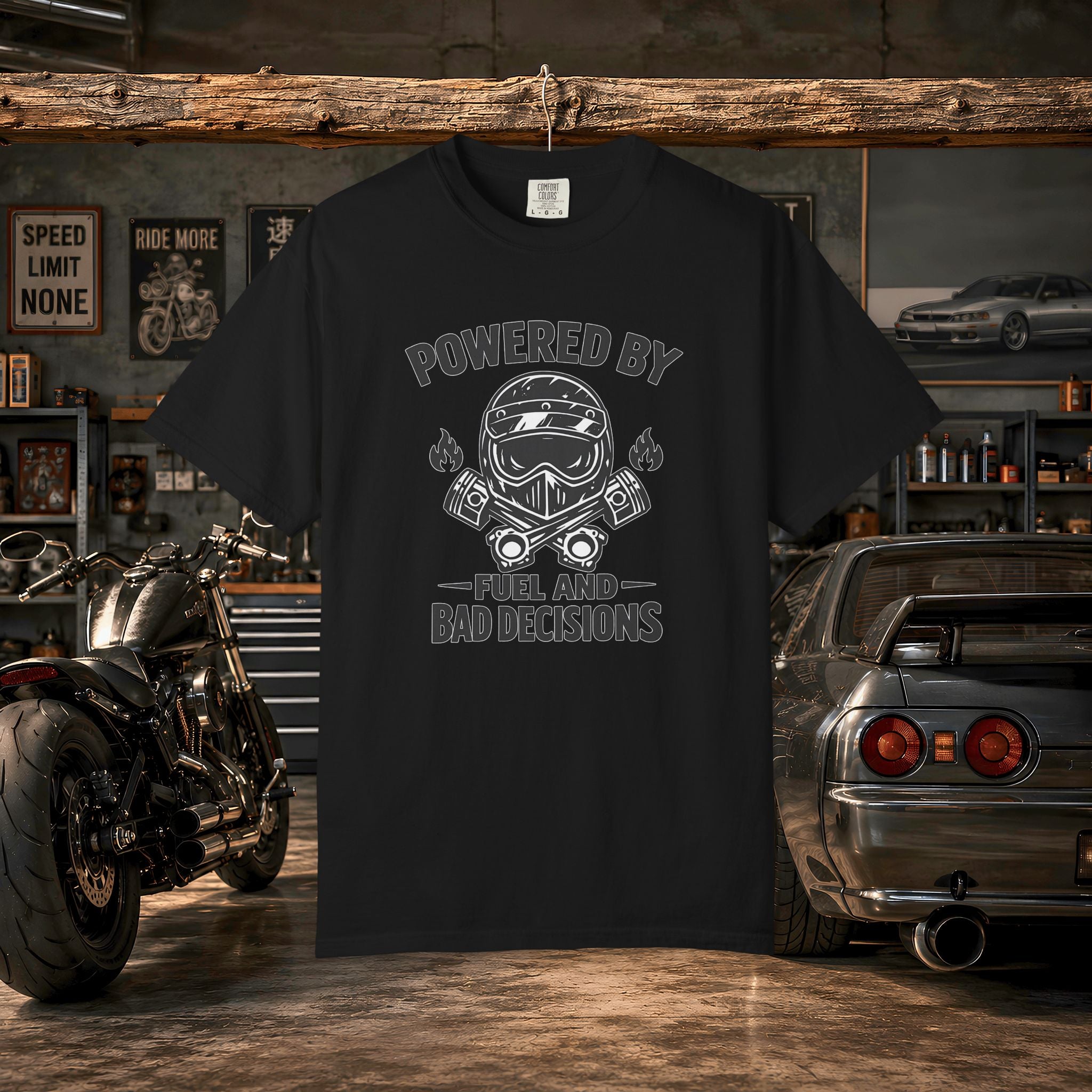 Powered By Fuel And Bad Decisions T-Shirt — Motorcycle Helmet Graphic Tee