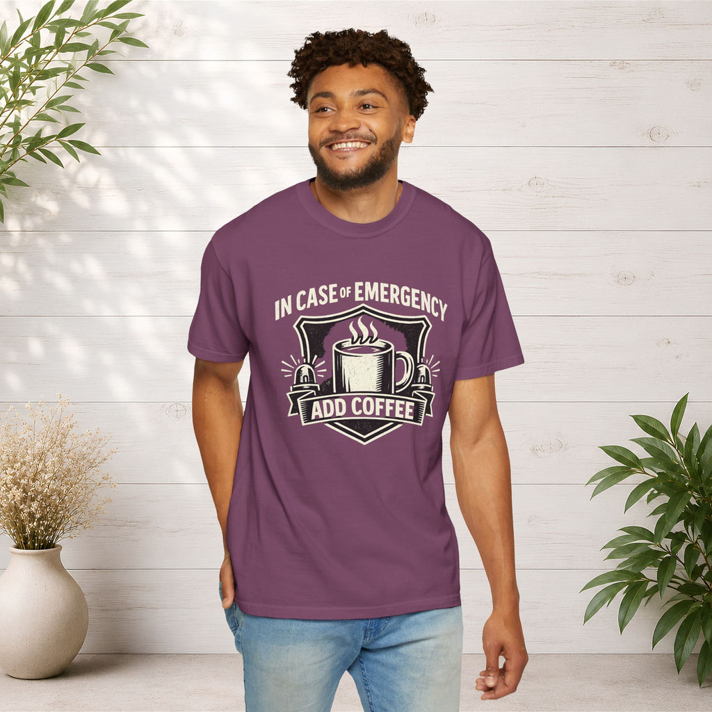 Coffee Emergency T-Shirt — "In Case of Emergency Add Coffee" Graphic Tee