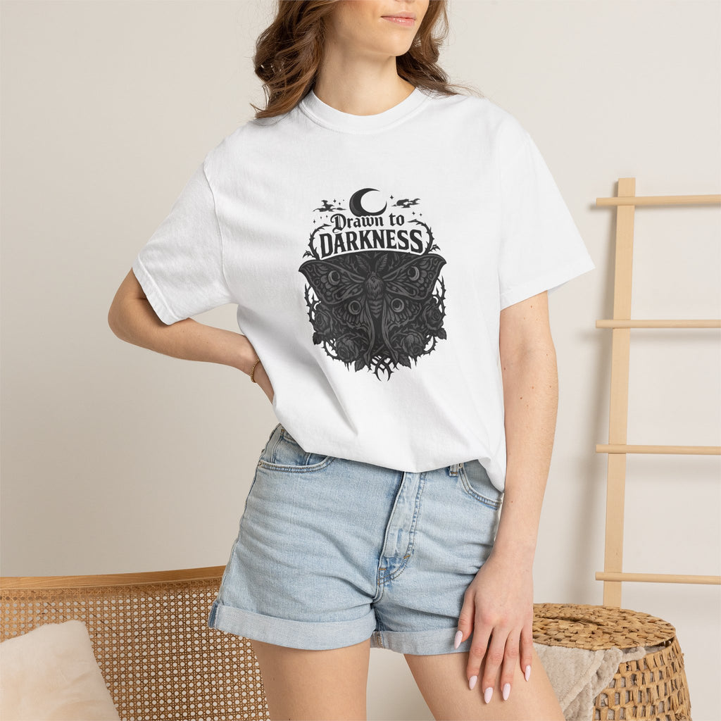 Dark Aesthetic T-Shirt — "Drawn to Darkness" Gothic Moon Graphic Tee