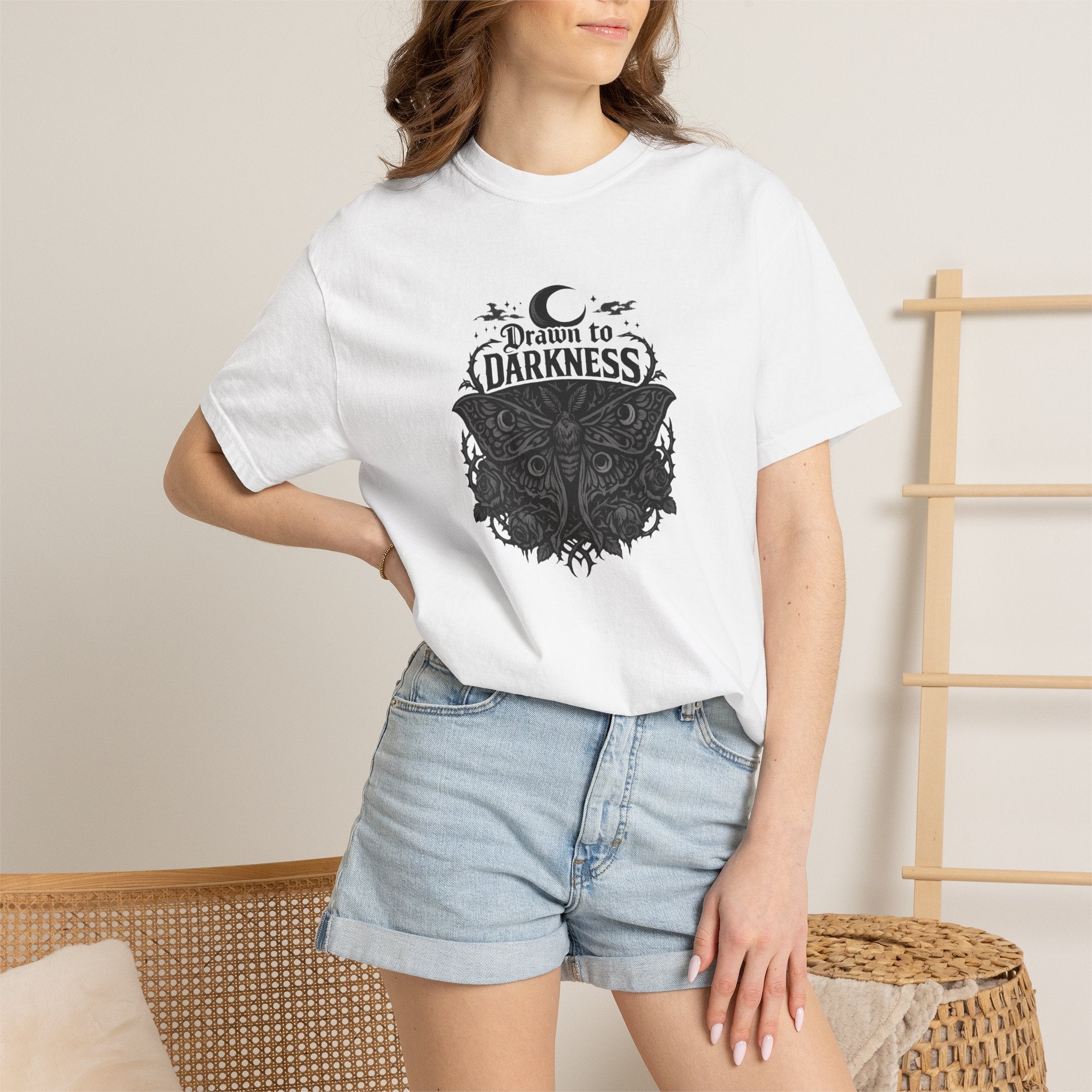 Dark Aesthetic T-Shirt — "Drawn to Darkness" Gothic Moon Graphic Tee