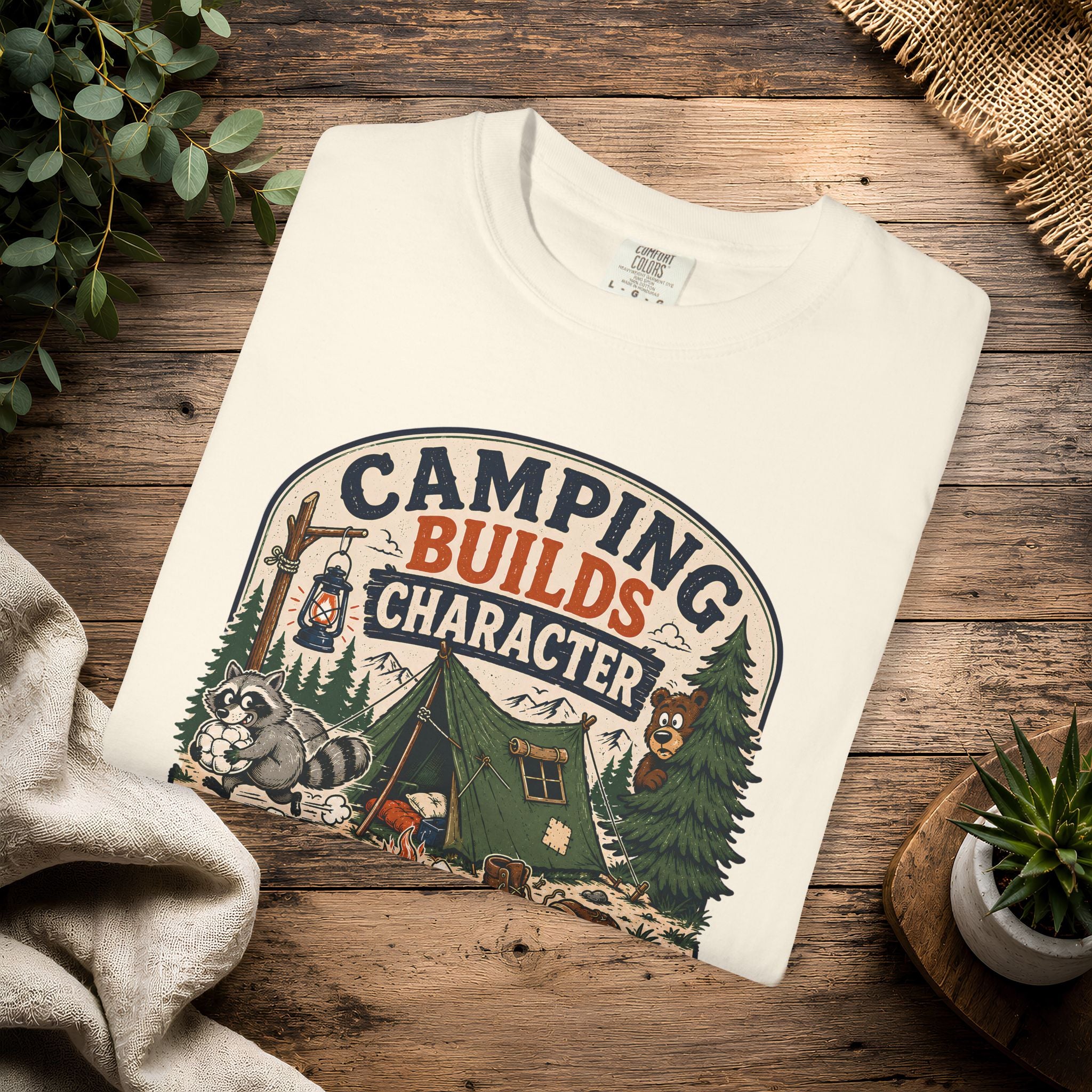 Camping Builds Character T-Shirt — Vintage Tent, Forest & Campfire Outdoor Tee