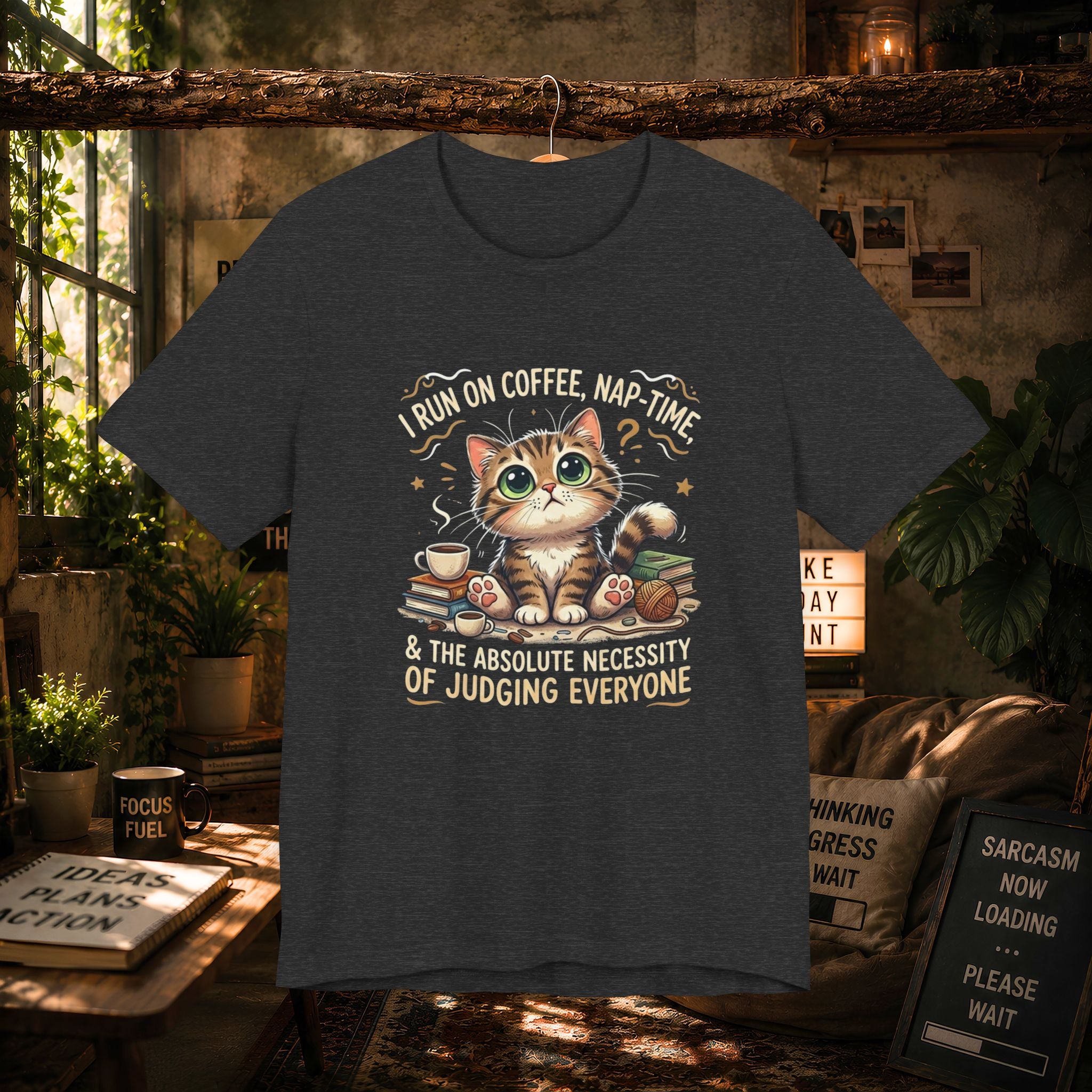Judging Cat Coffee Books T-Shirt | Cozy Kitty Illustration Tee