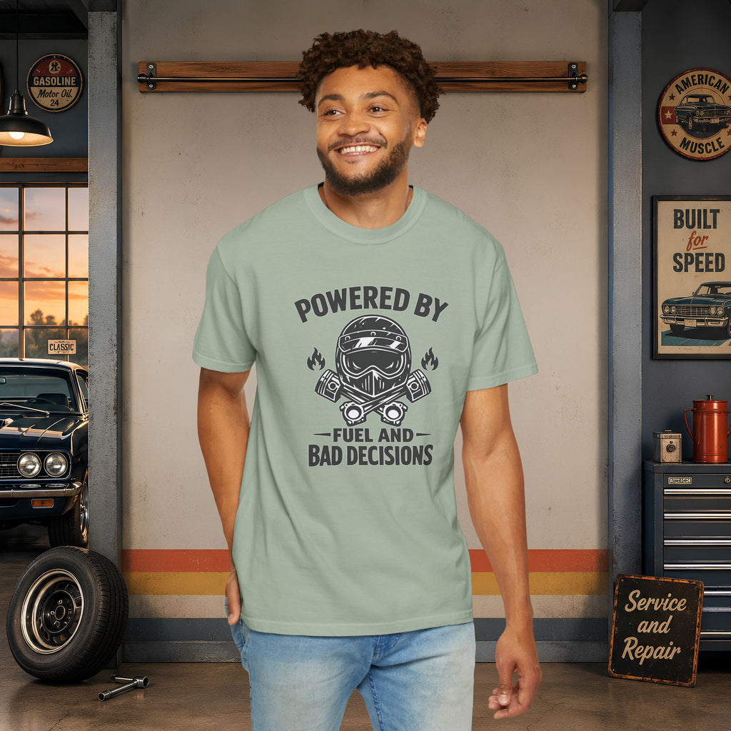 Powered By Fuel And Bad Decisions T-Shirt — Motorcycle Helmet Graphic Tee