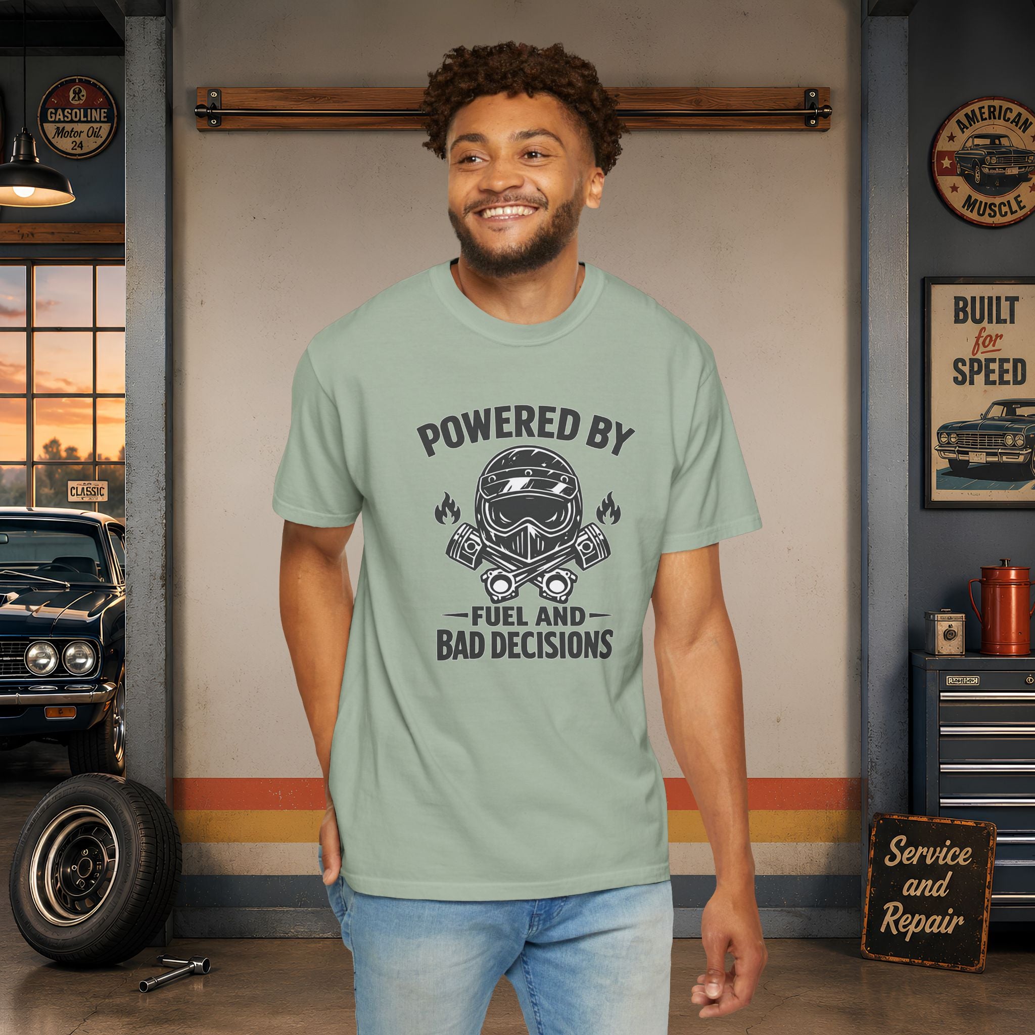 Powered By Fuel And Bad Decisions T-Shirt — Motorcycle Helmet Graphic Tee