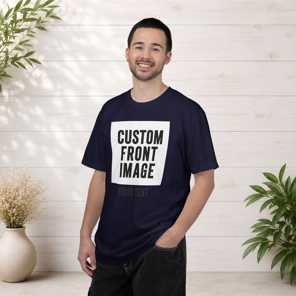 Custom Front Square Print T-Shirt — Personalized Text Bottom & Image Tee