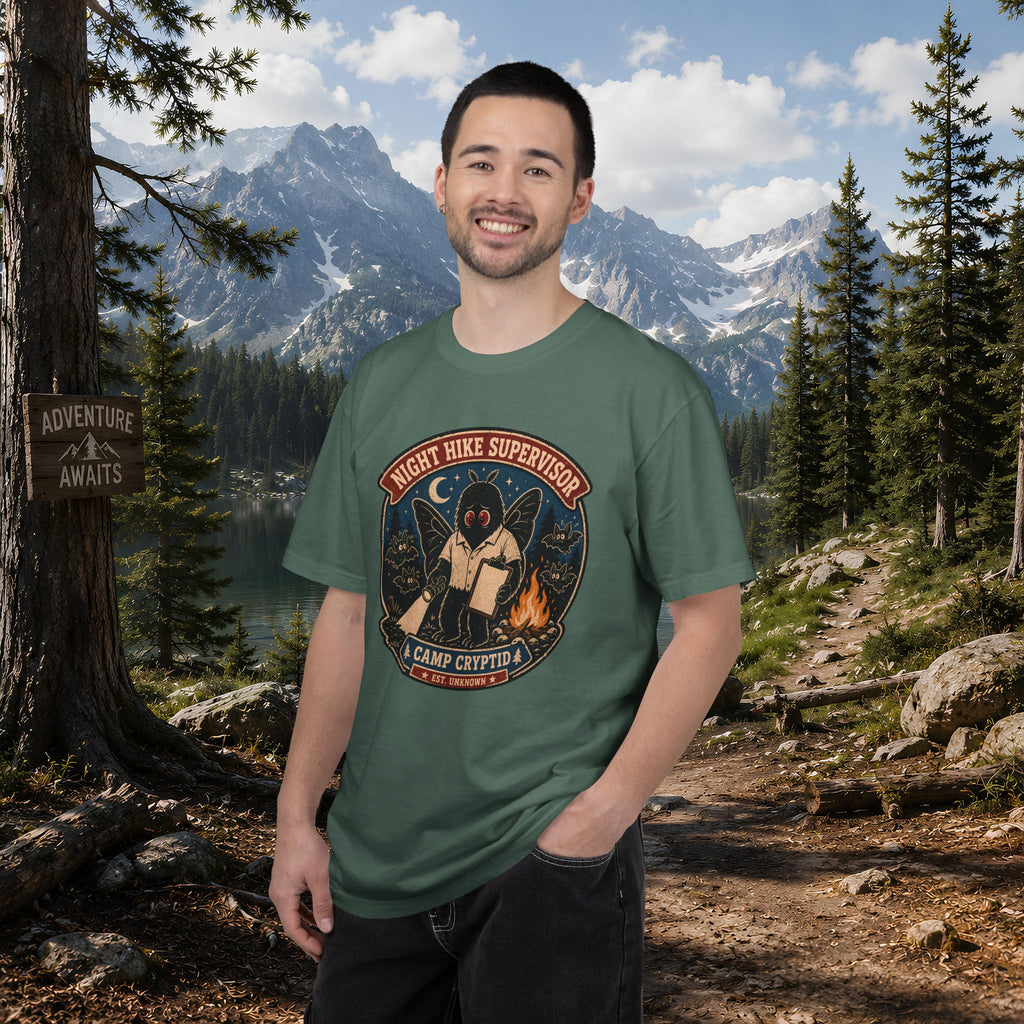 Night Hike Supervisor Mothman T‑Shirt — Camp Cryptid Retro Outdoor Badge