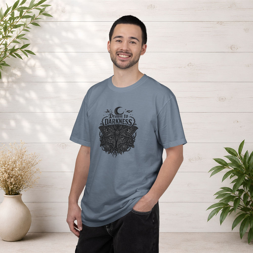 Dark Aesthetic T-Shirt — "Drawn to Darkness" Gothic Moon Graphic Tee
