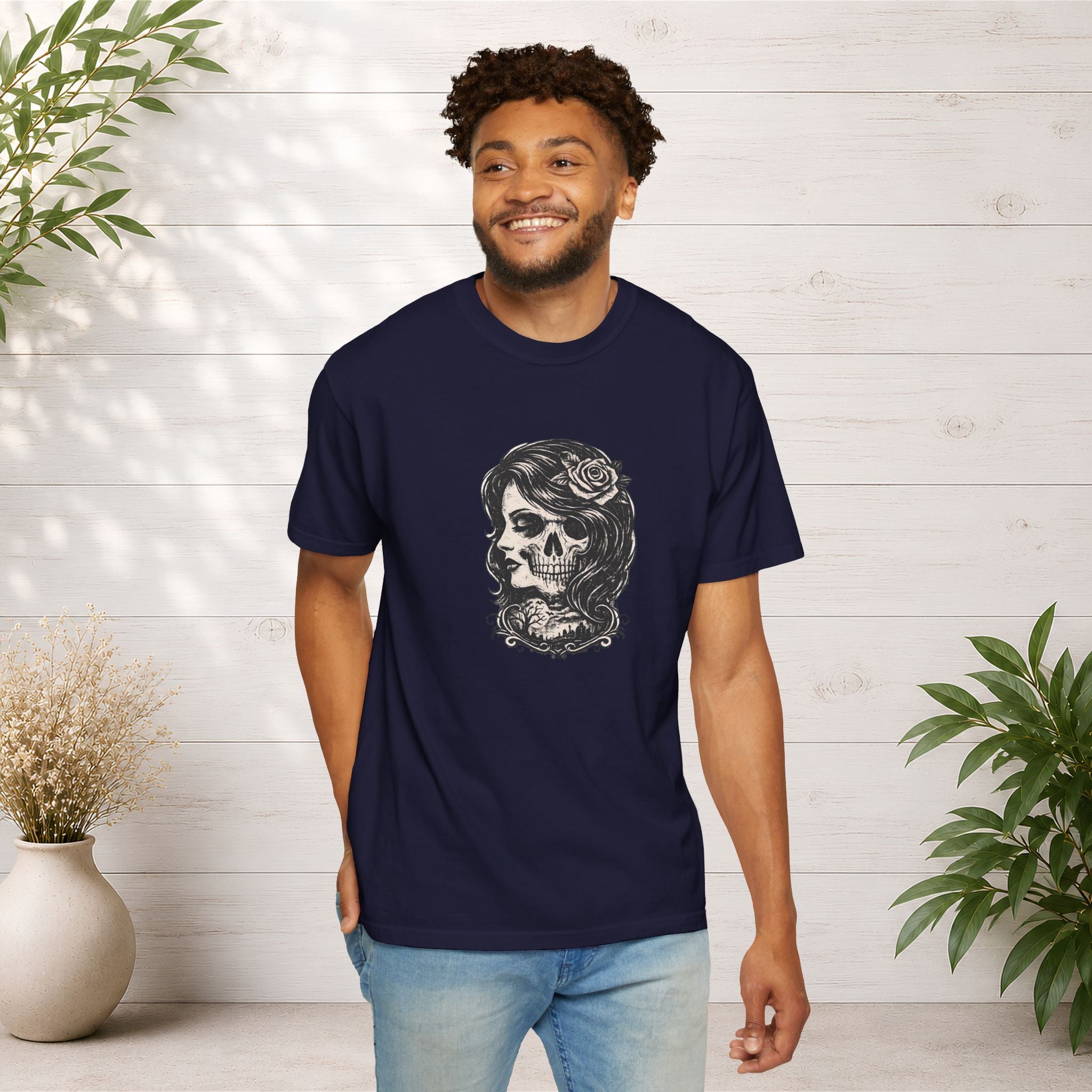Skull Lady Rose T-Shirt — Vintage Day of the Dead Portrait Tee
