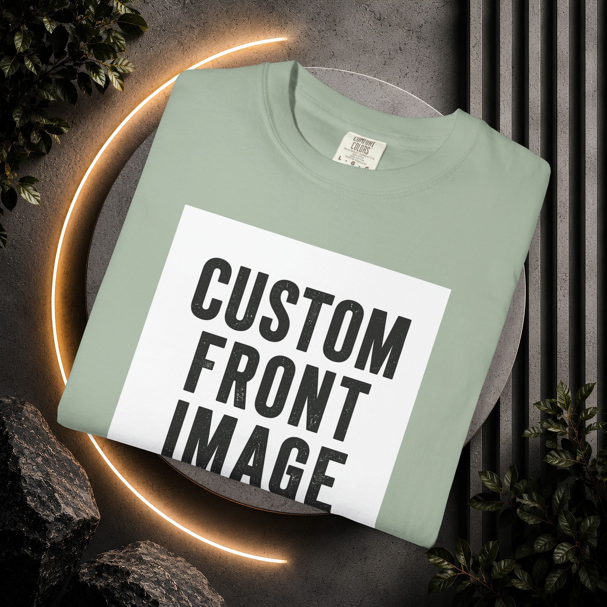 Custom Front Square Print T-Shirt — Personalized Text Bottom & Image Tee