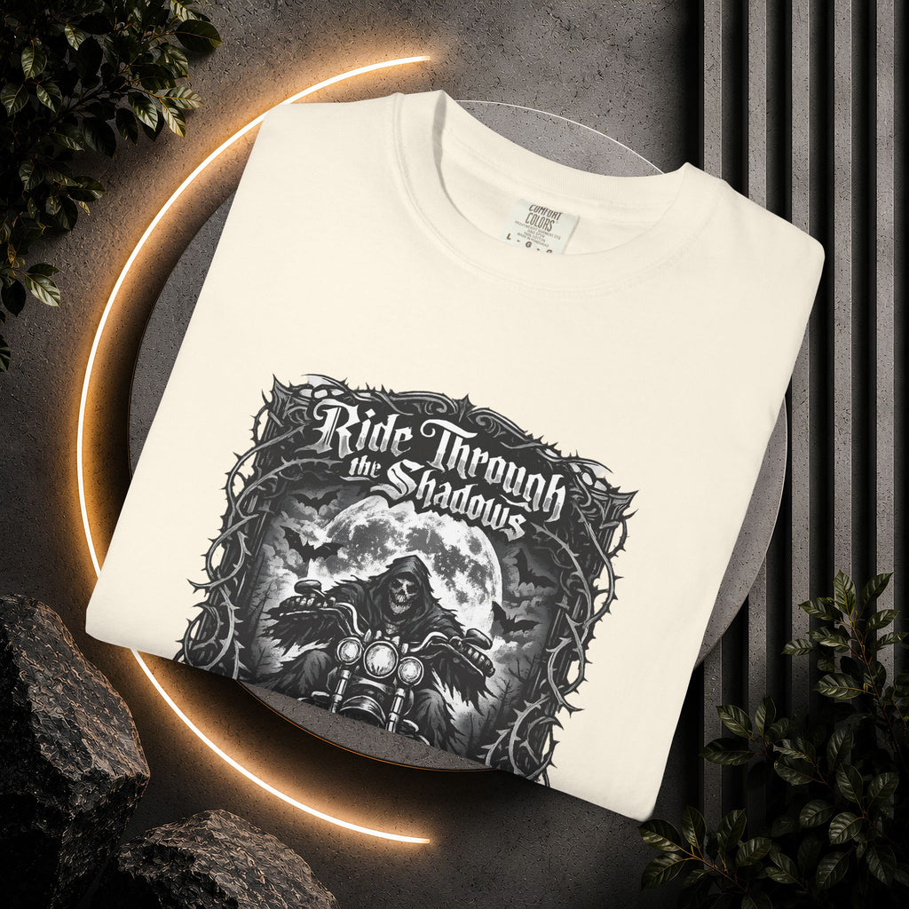 Ride Through Shadows T-Shirt — Gothic Skull Motorcycle Graphic Tee