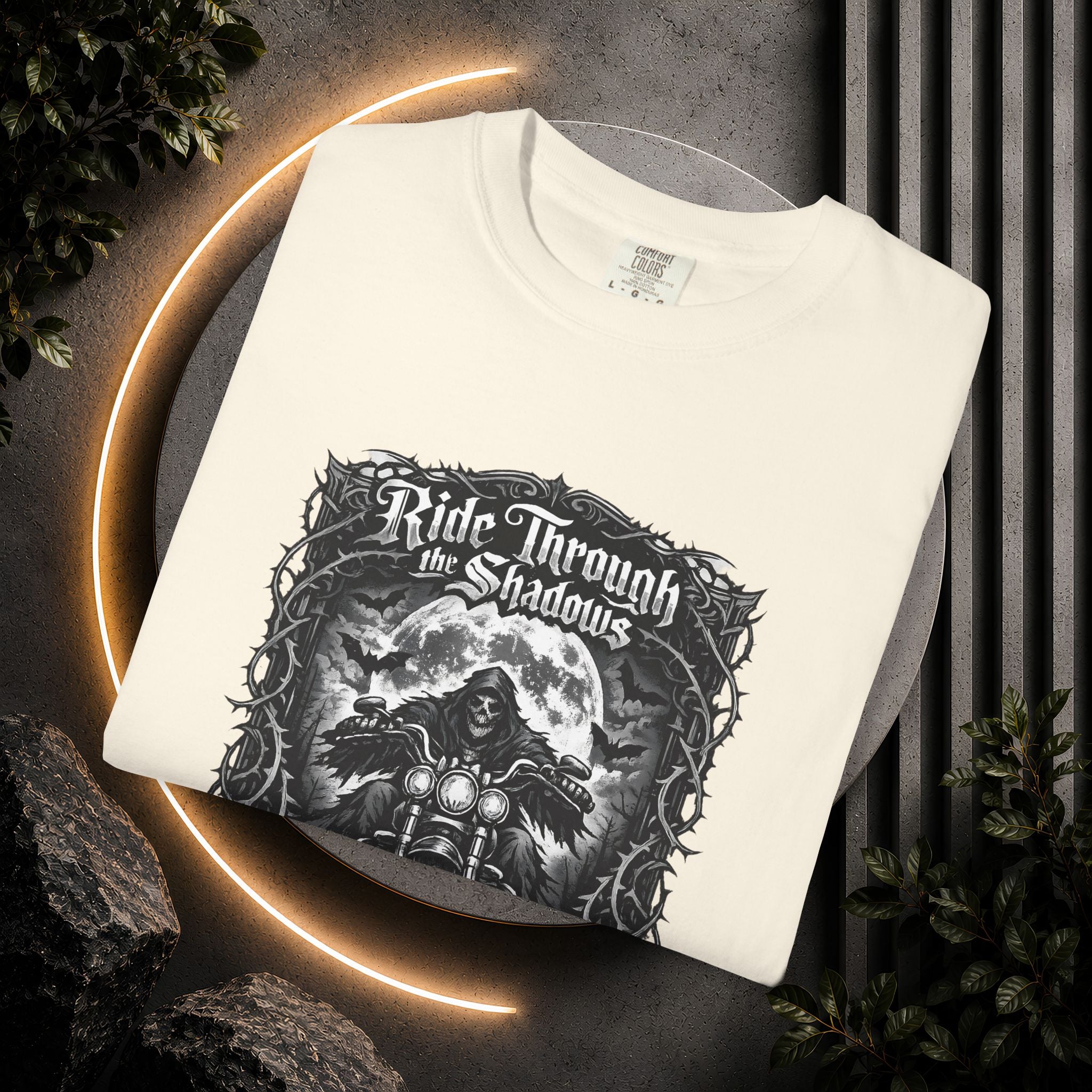 Ride Through Shadows T-Shirt — Gothic Skull Motorcycle Graphic Tee