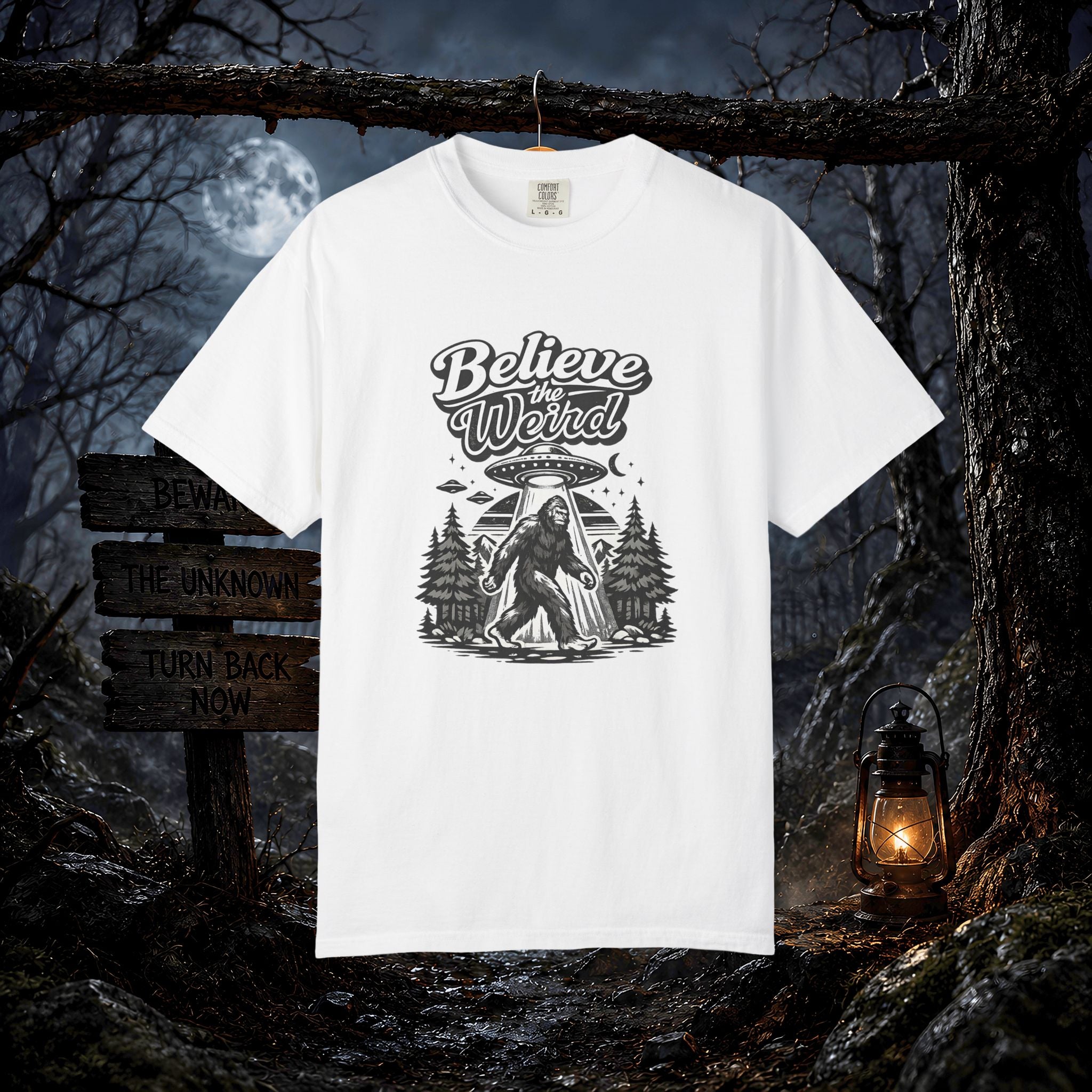 Believe the Weird T-Shirt — Bigfoot Forest UFO Graphic Tee