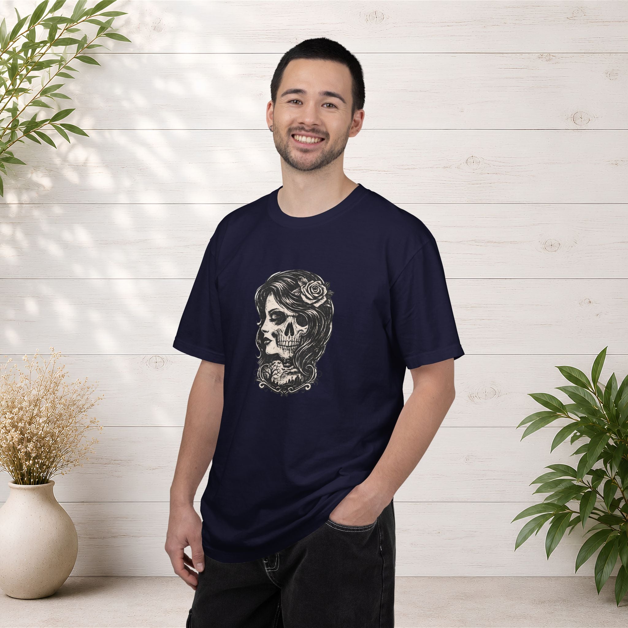 Skull Lady Rose T-Shirt — Vintage Day of the Dead Portrait Tee