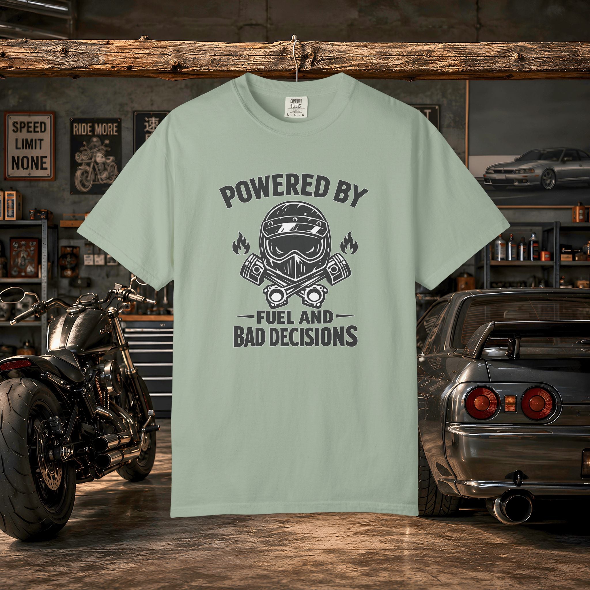 Powered By Fuel And Bad Decisions T-Shirt — Motorcycle Helmet Graphic Tee