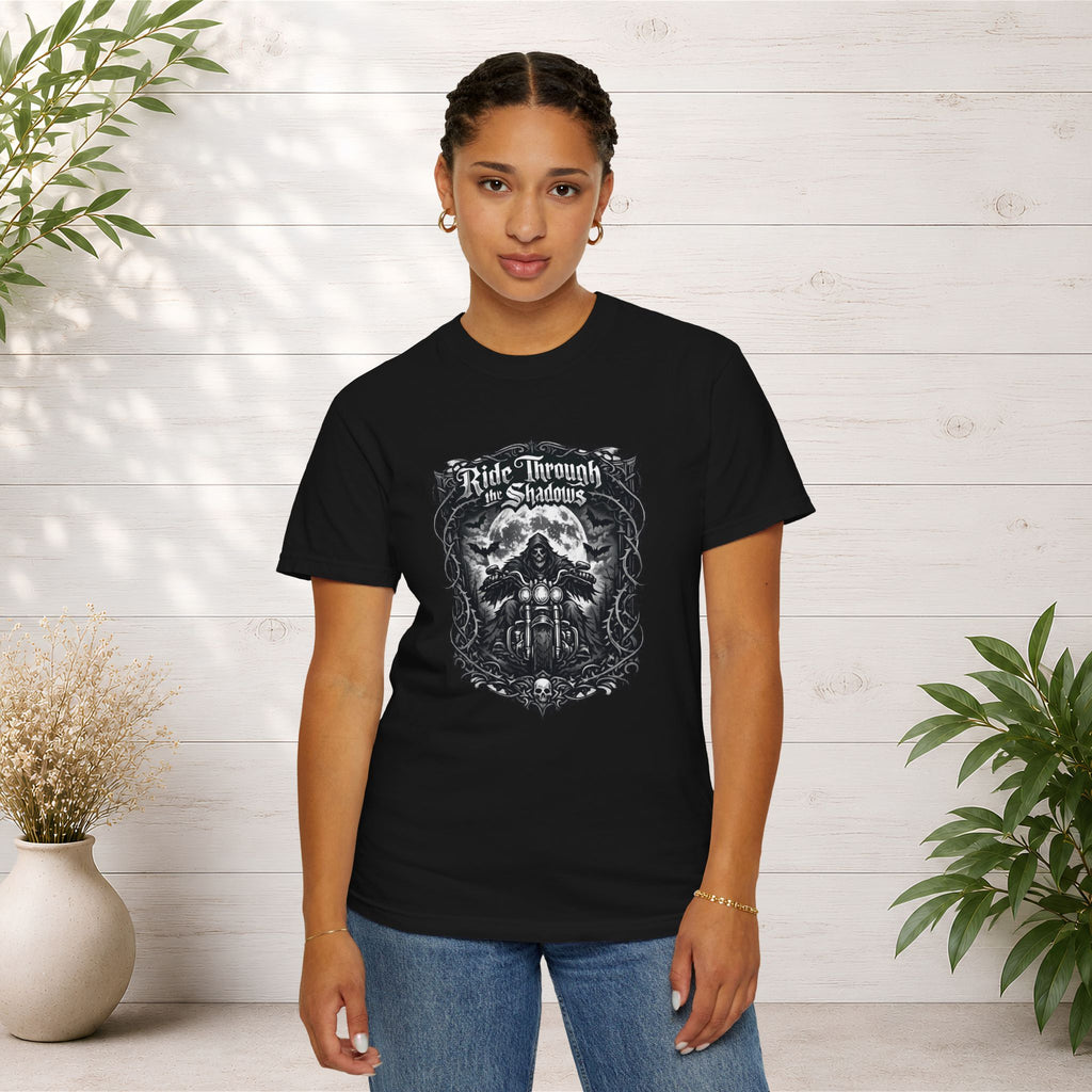 Ride Through Shadows T-Shirt — Gothic Skull Motorcycle Graphic Tee