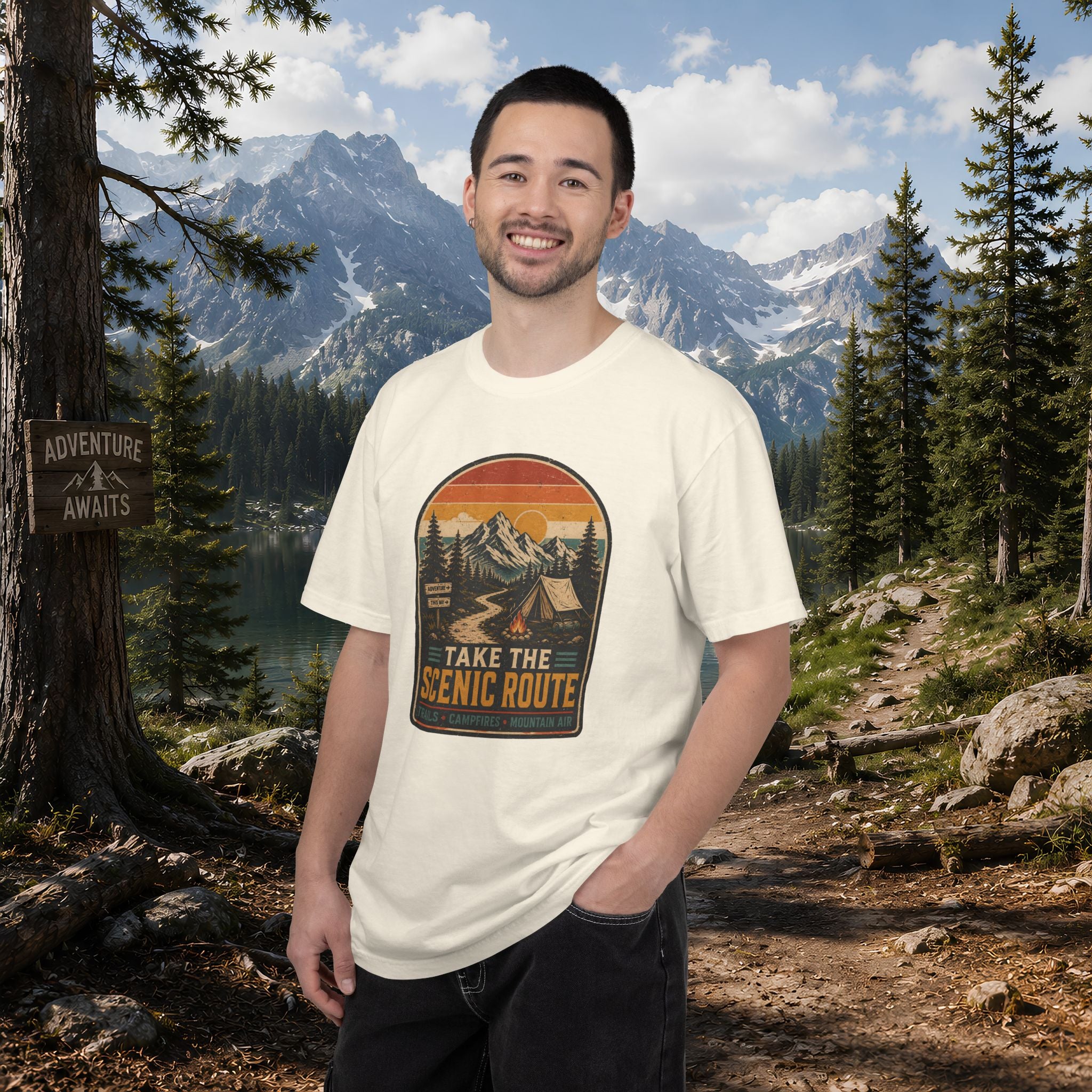 Scenic Route Camping T-Shirt — Retro Mountains & Tent Outdoor Tee