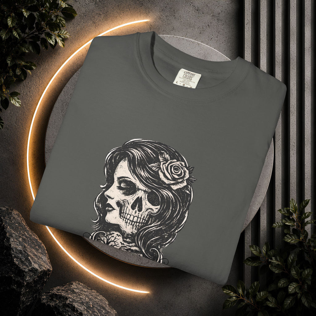 Skull Lady Rose T-Shirt — Vintage Day of the Dead Portrait Tee