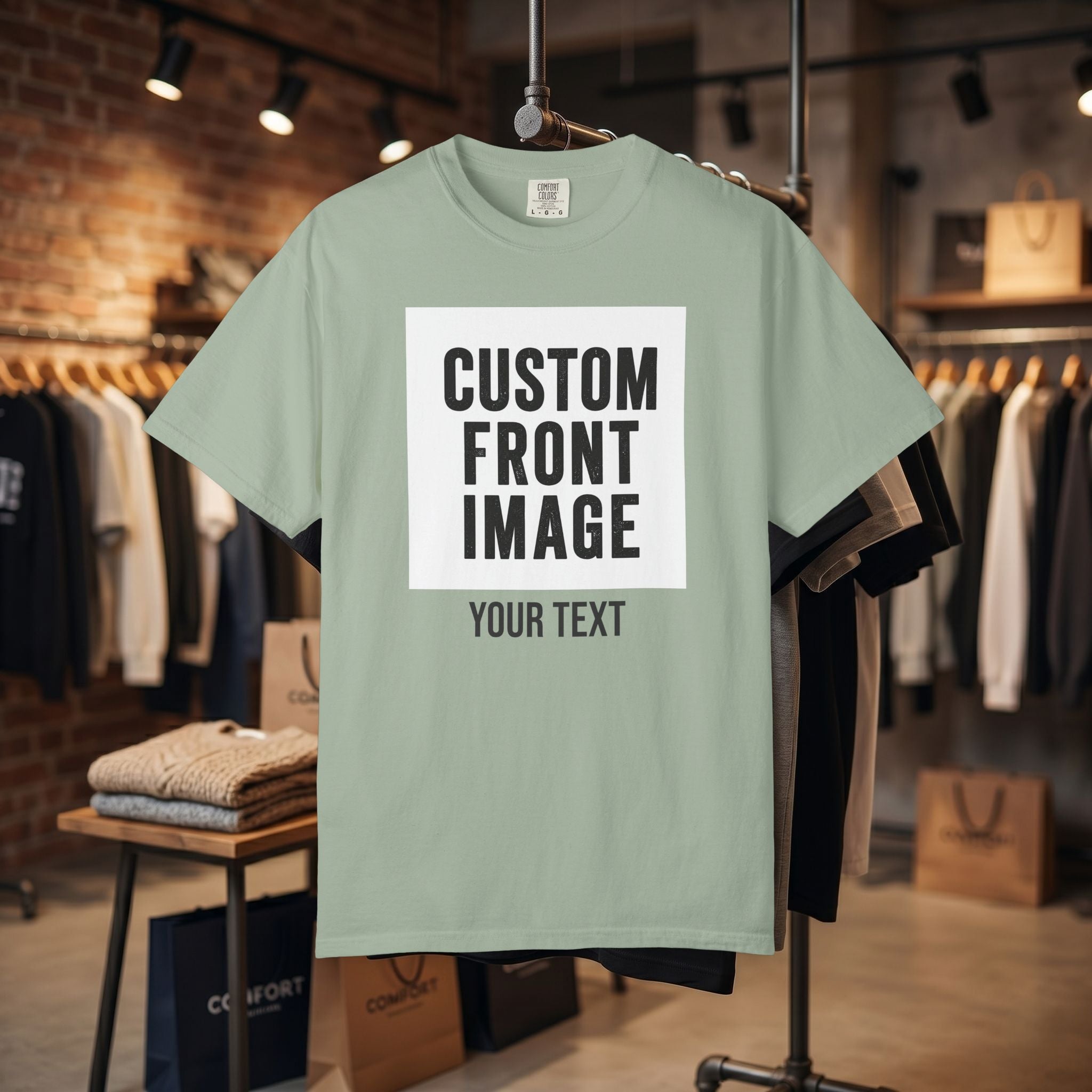 Custom Front Square Print T-Shirt — Personalized Text Bottom & Image Tee
