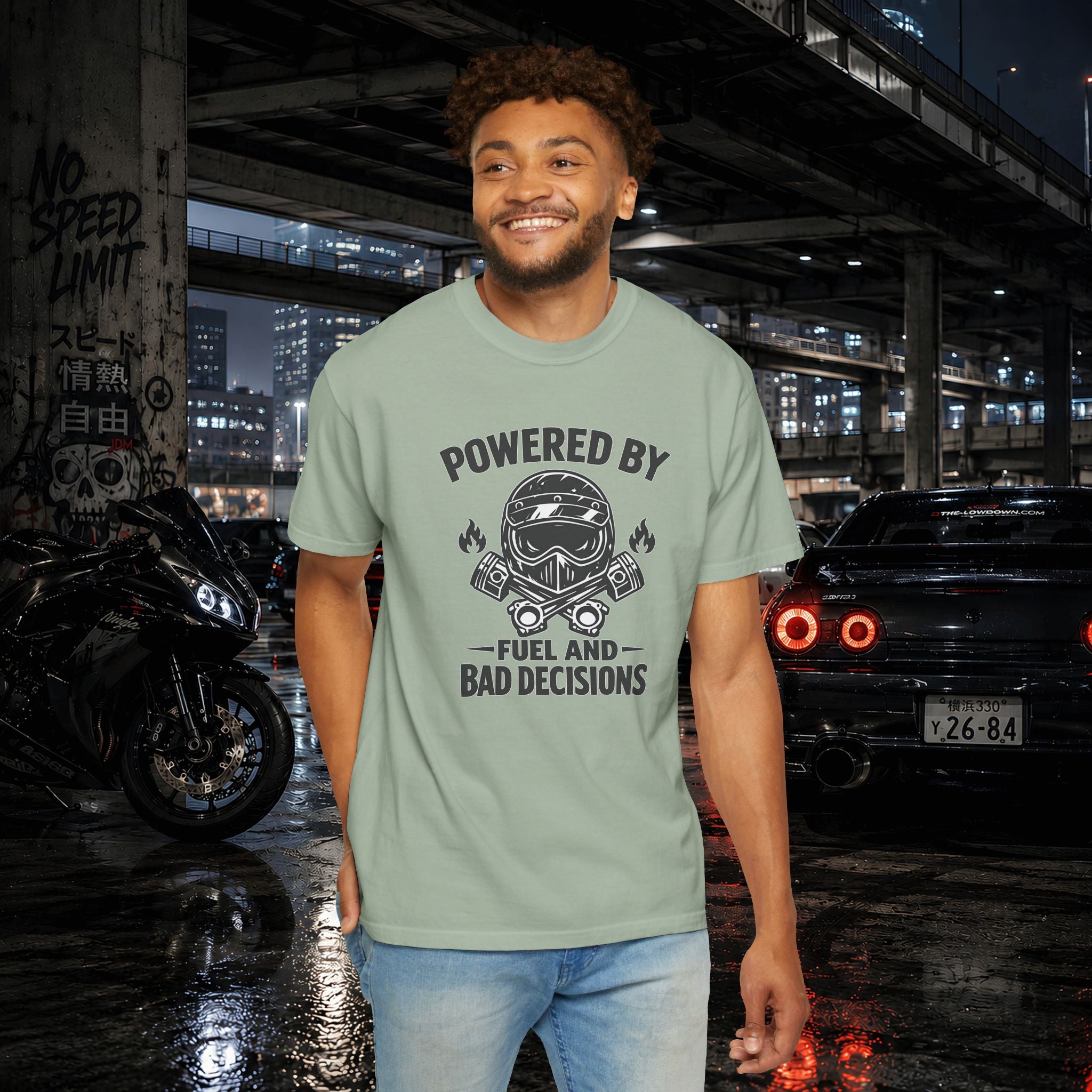 Powered By Fuel And Bad Decisions T-Shirt — Motorcycle Helmet Graphic Tee