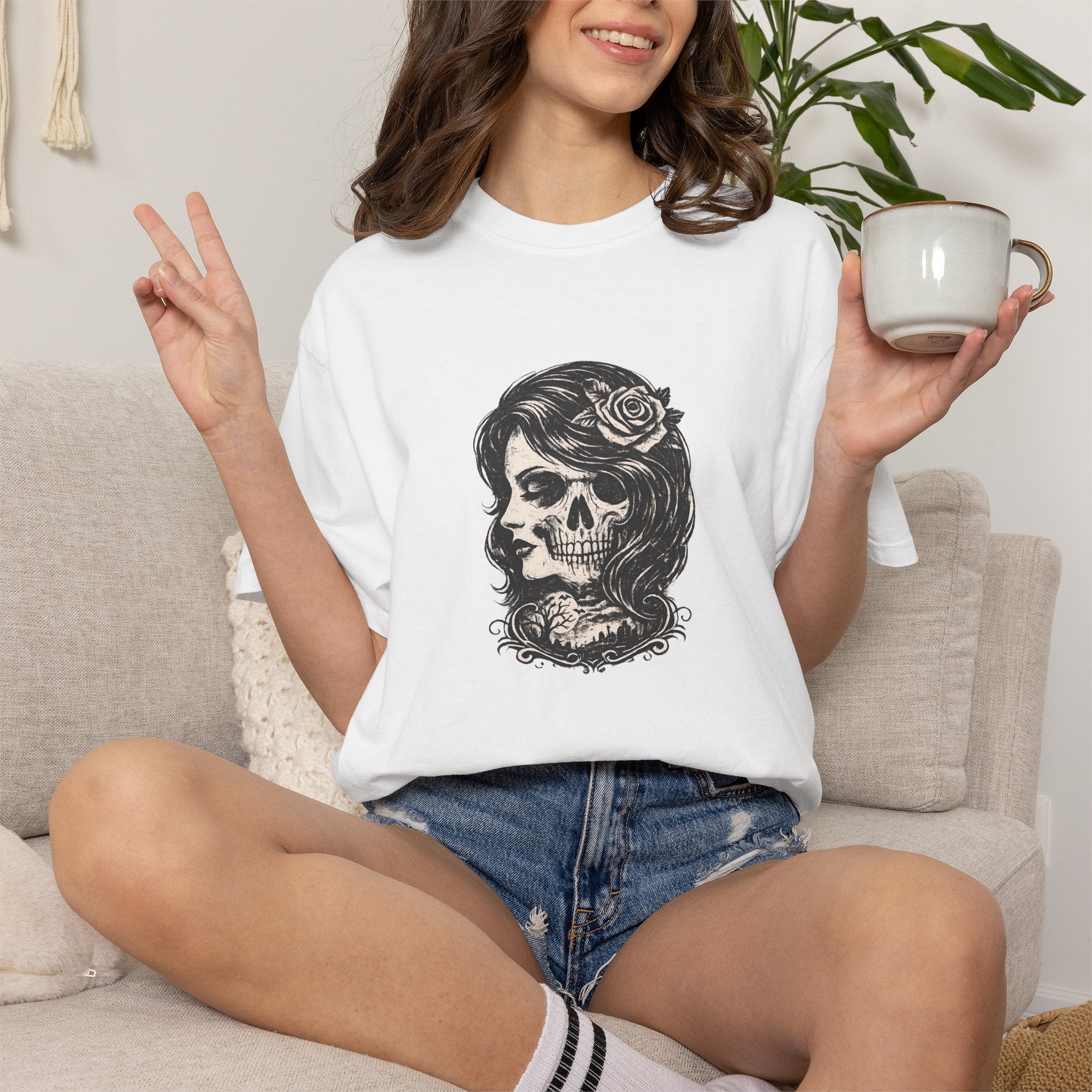 Skull Lady Rose T-Shirt — Vintage Day of the Dead Portrait Tee