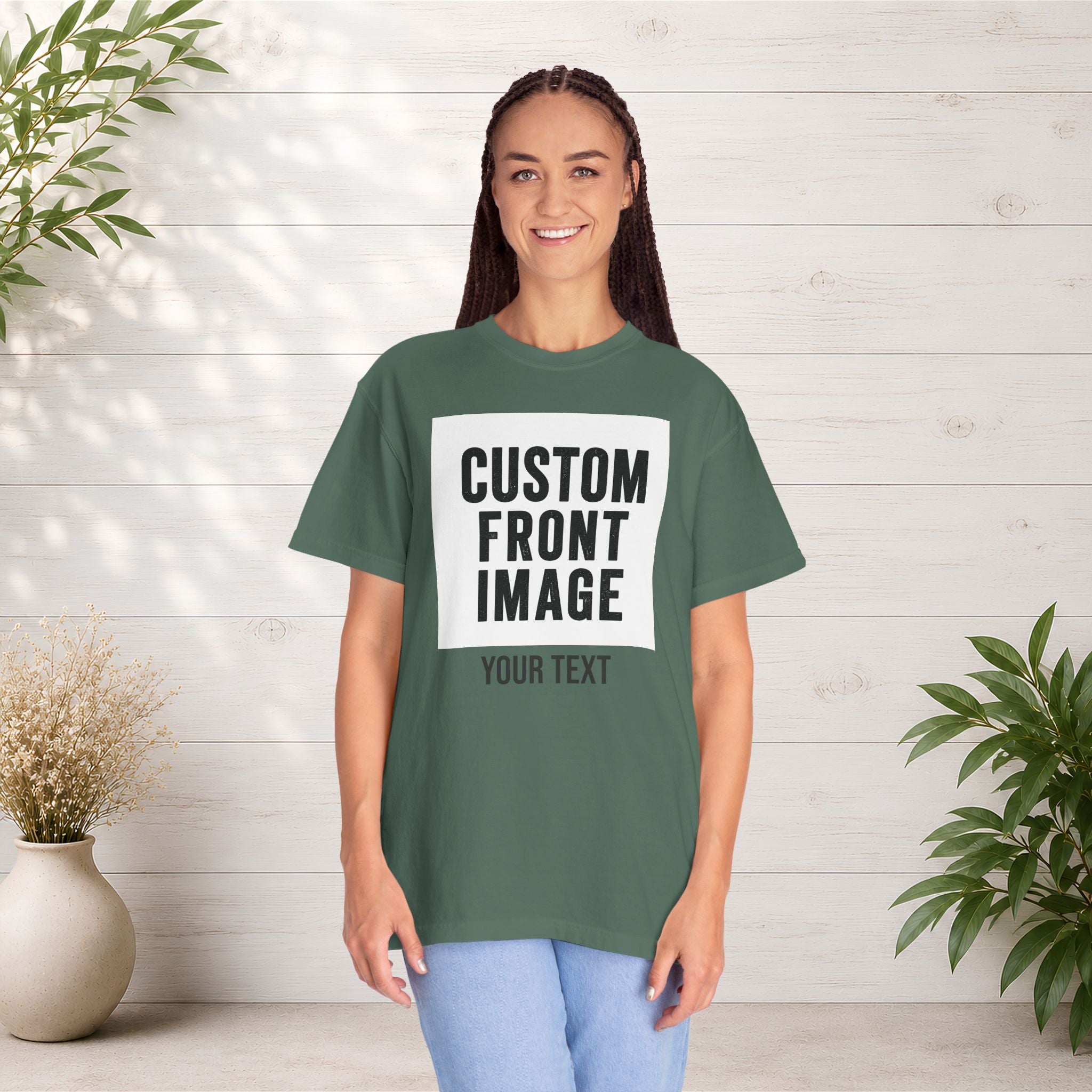 Custom Front Square Print T-Shirt — Personalized Text Bottom & Image Tee